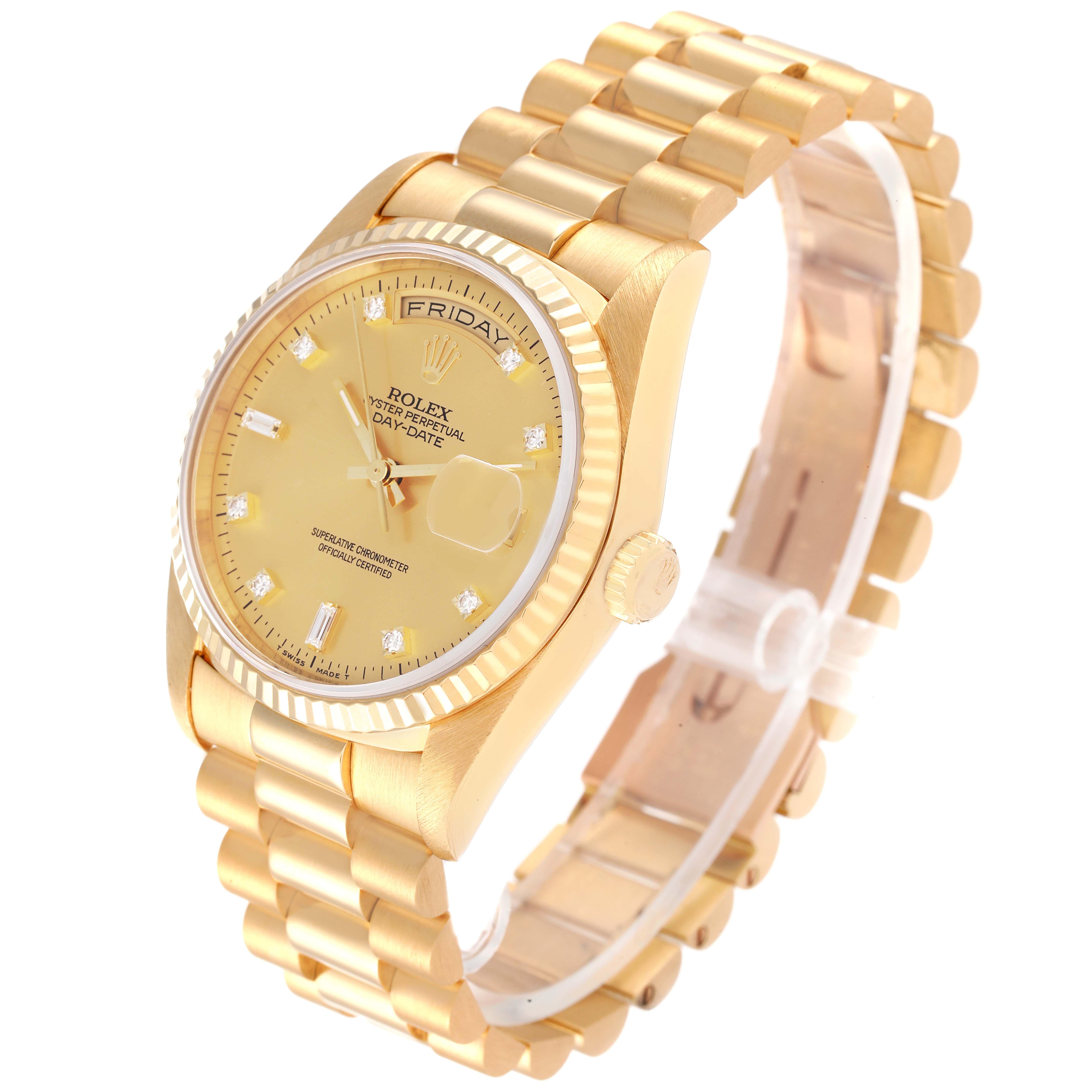 The image shows a Rolex President 18238 Men's Yellow Gold Champagne Dial 18238 Men's Yellow Gold Champagne Dial model watch at an angle displaying the face, bezel, crown, and bracelet links.