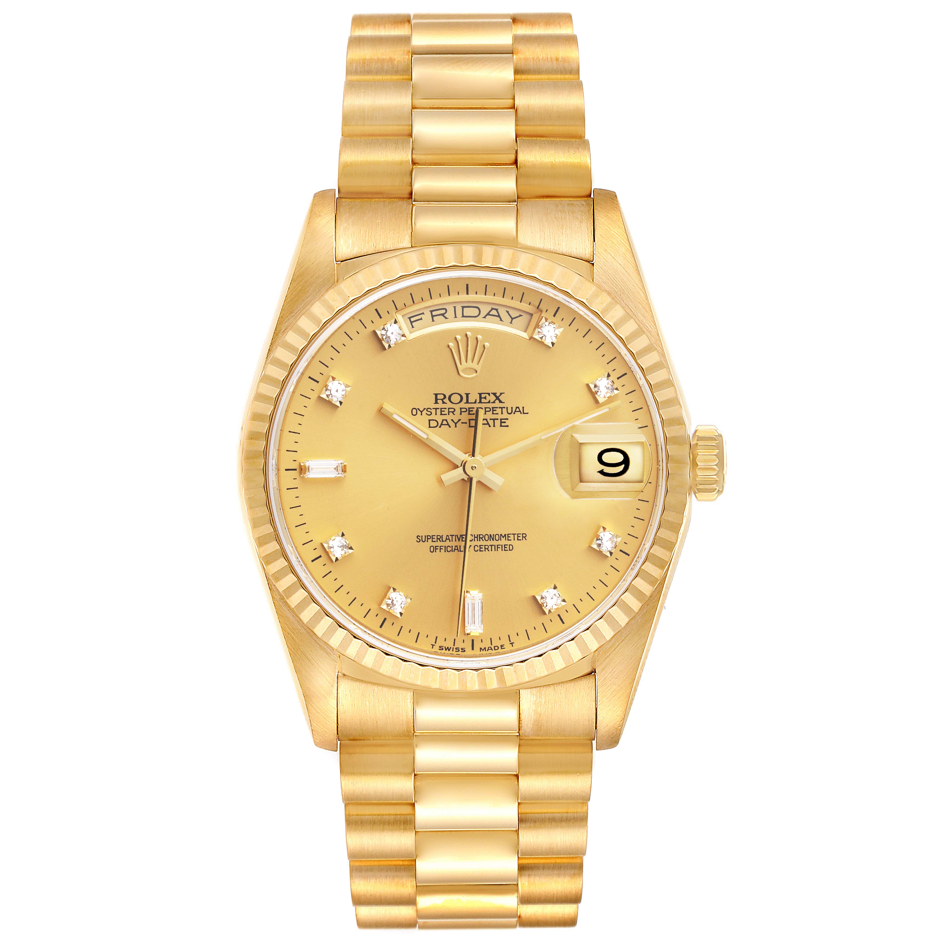The image shows a frontal view of a Rolex President 18238 Men's Yellow Gold Champagne Dial 18238 Men's Yellow Gold Champagne Dial model, highlighting its gold bracelet, dial, and fluted bezel.