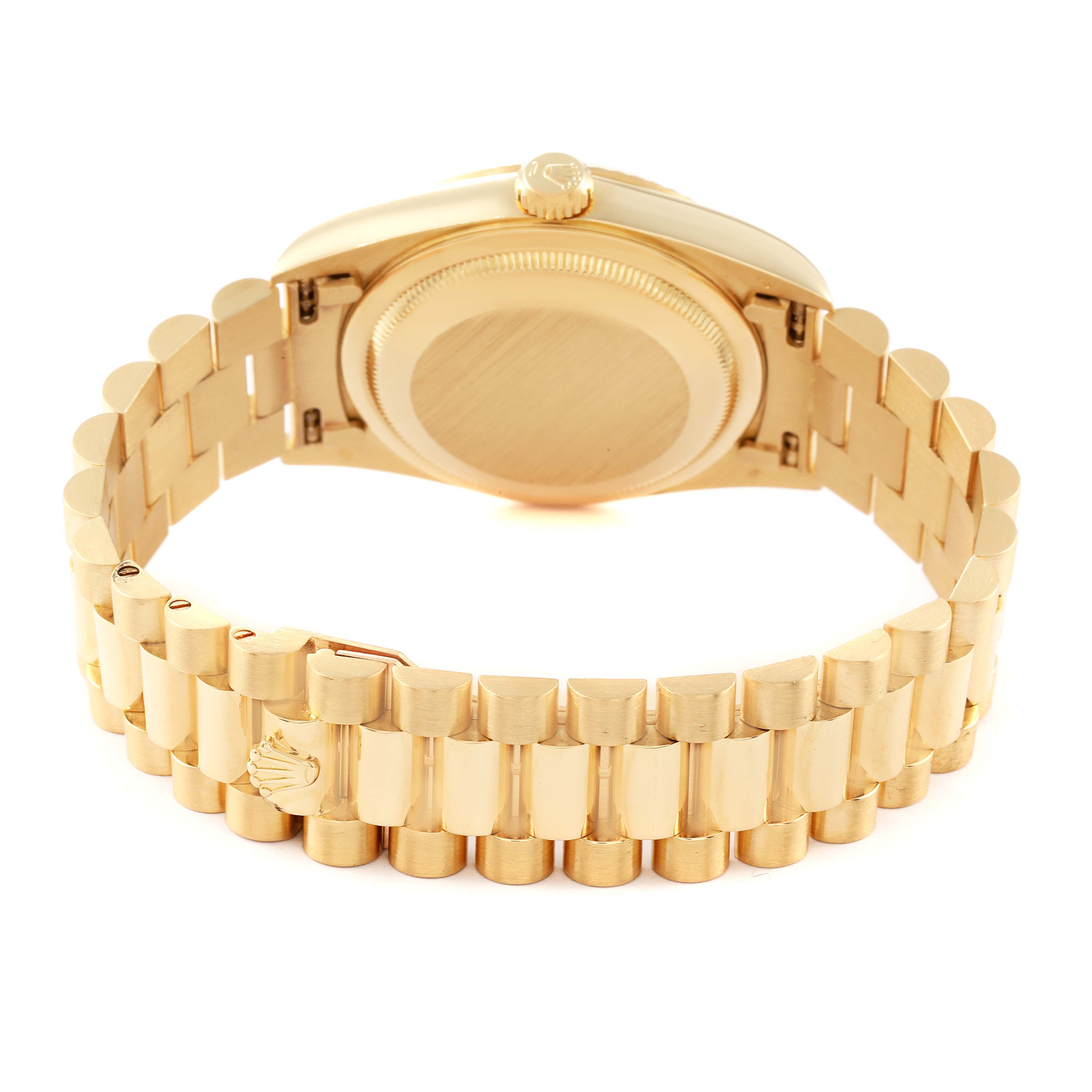 The image shows the back view of a Rolex President 18238 Men's Yellow Gold Champagne Dial 18238 Men's Yellow Gold Champagne Dial model watch, highlighting its case and bracelet.