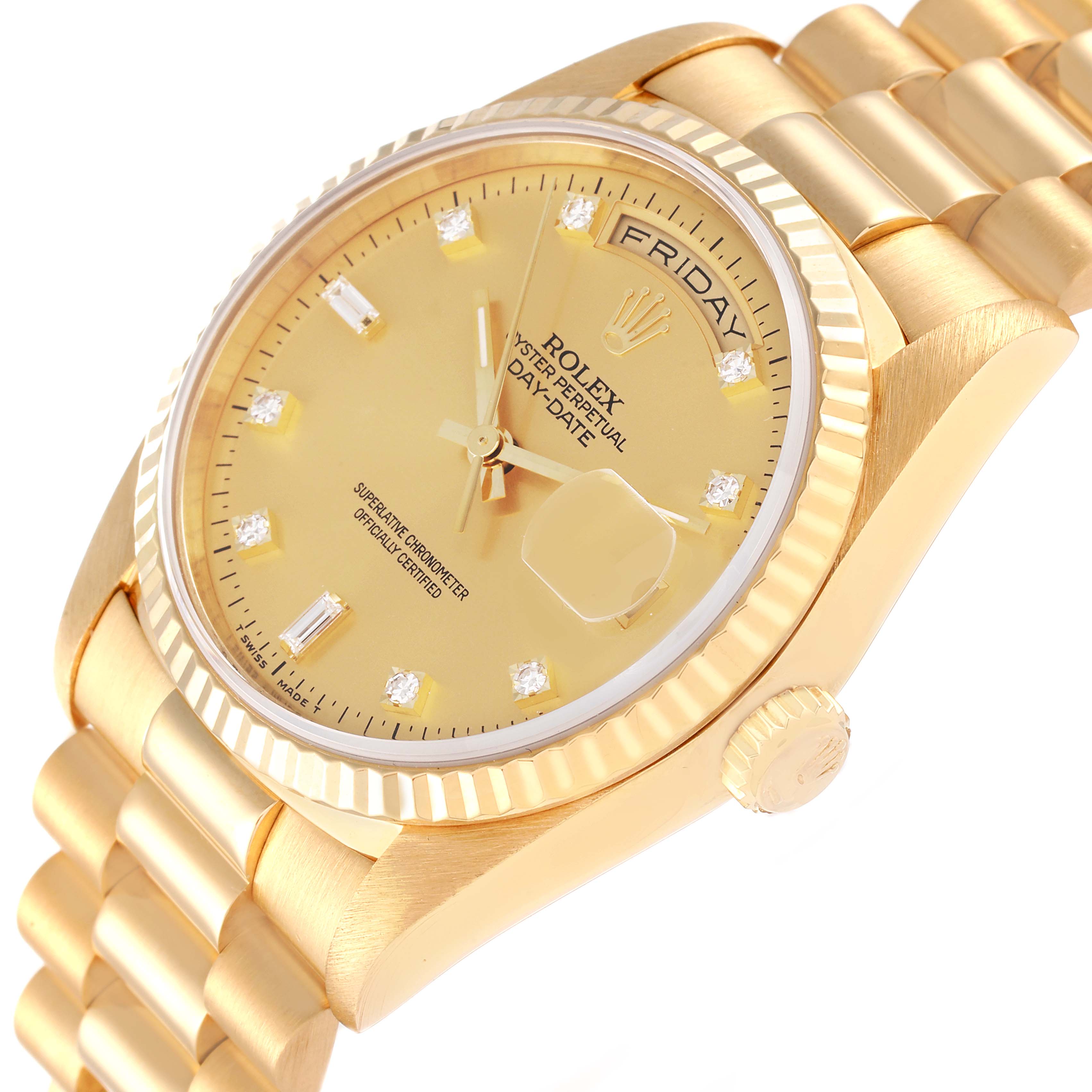 The image shows a Rolex President 18238 Men's Yellow Gold Champagne Dial 18238 Men's Yellow Gold Champagne Dial model watch at an angled view, highlighting the face, bracelet, crown, and date display.