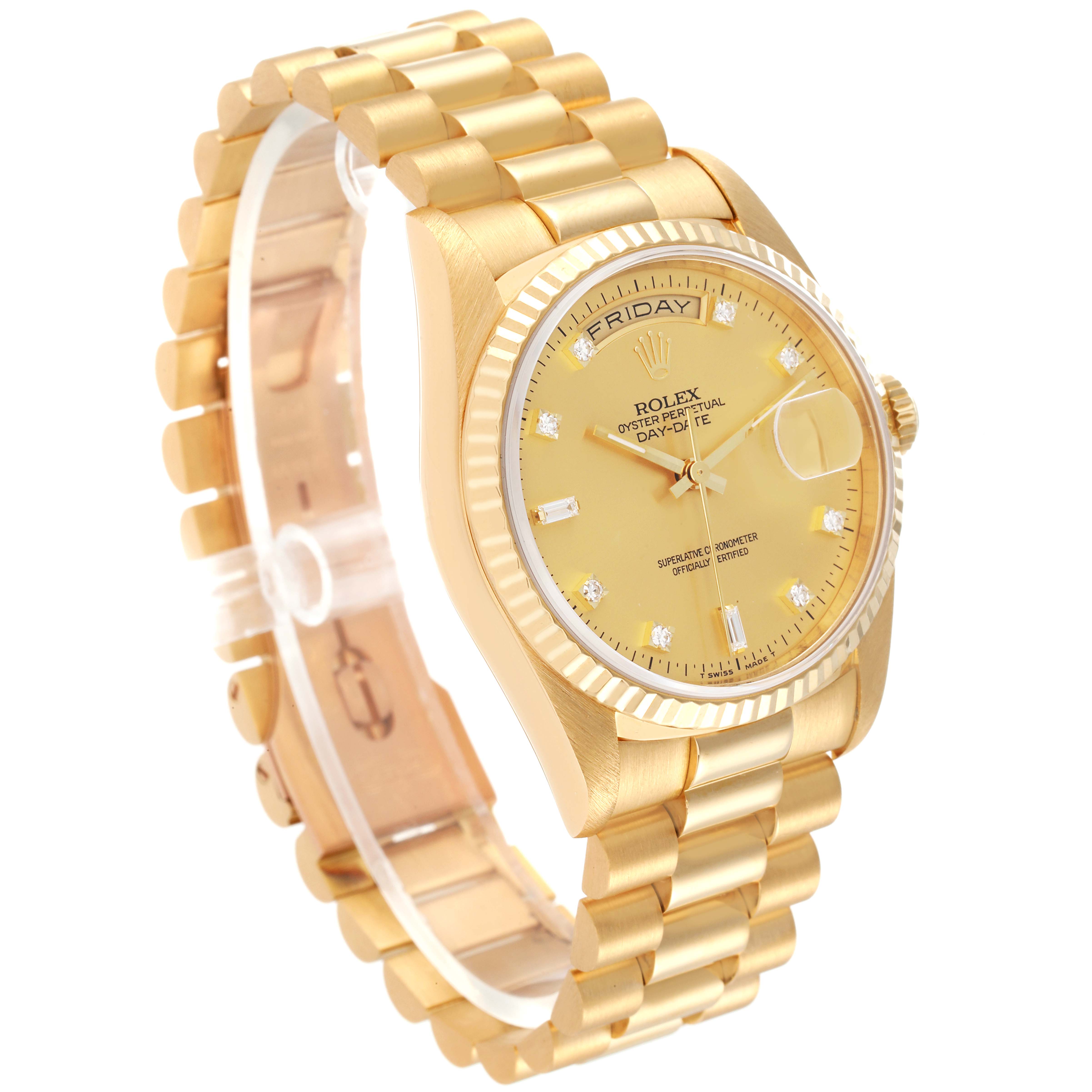 The Rolex President 18238 Men's Yellow Gold Champagne Dial 18238 Men's Yellow Gold Champagne Dial model watch is shown at an angled side view, highlighting the gold bracelet, dial, and fluted bezel.