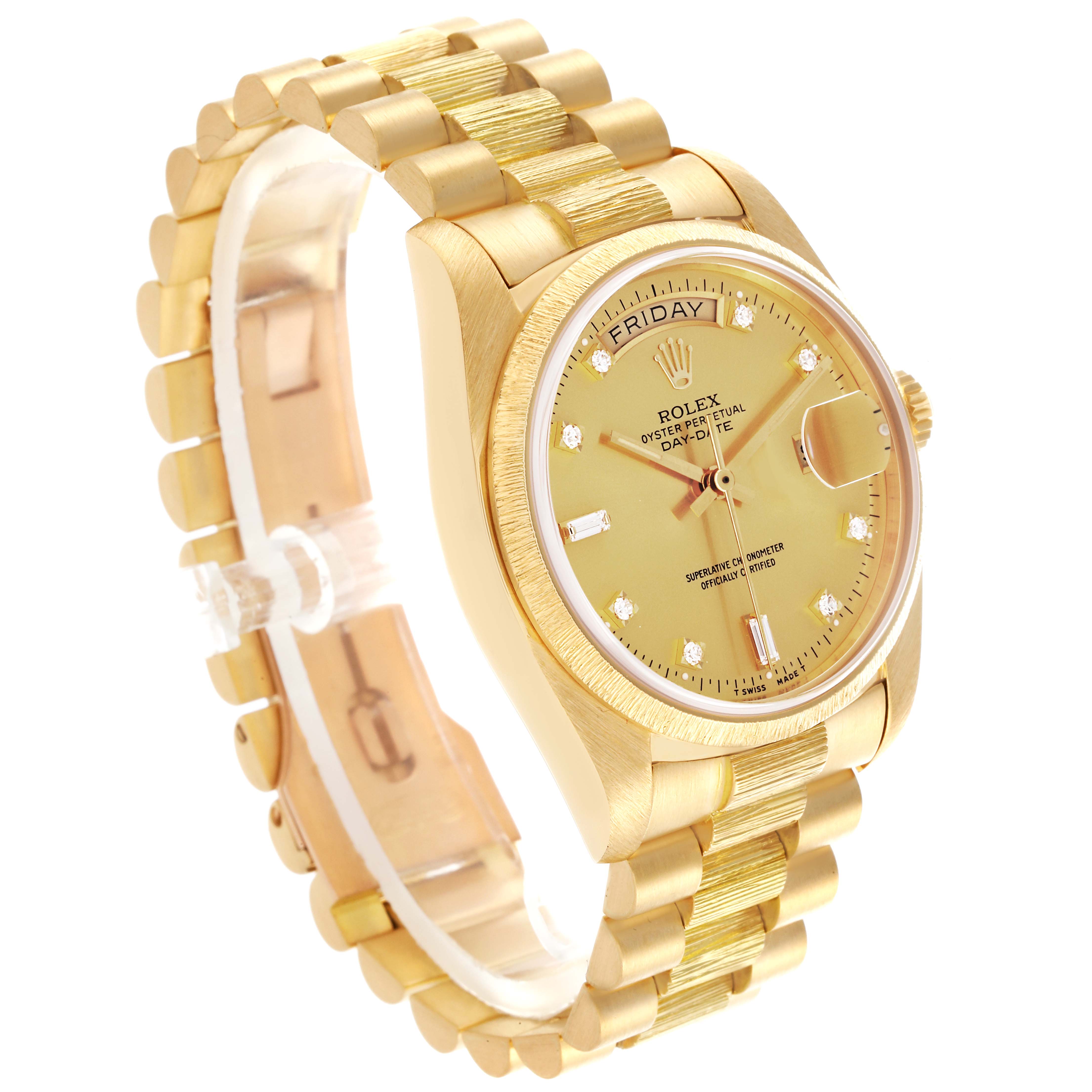 The Rolex President 18078A Men's Yellow Gold Champagne Dial 18078A Men's Yellow Gold Champagne Dial watch is shown at a three-quarter angle, highlighting the dial, bezel, crown, and bracelet.