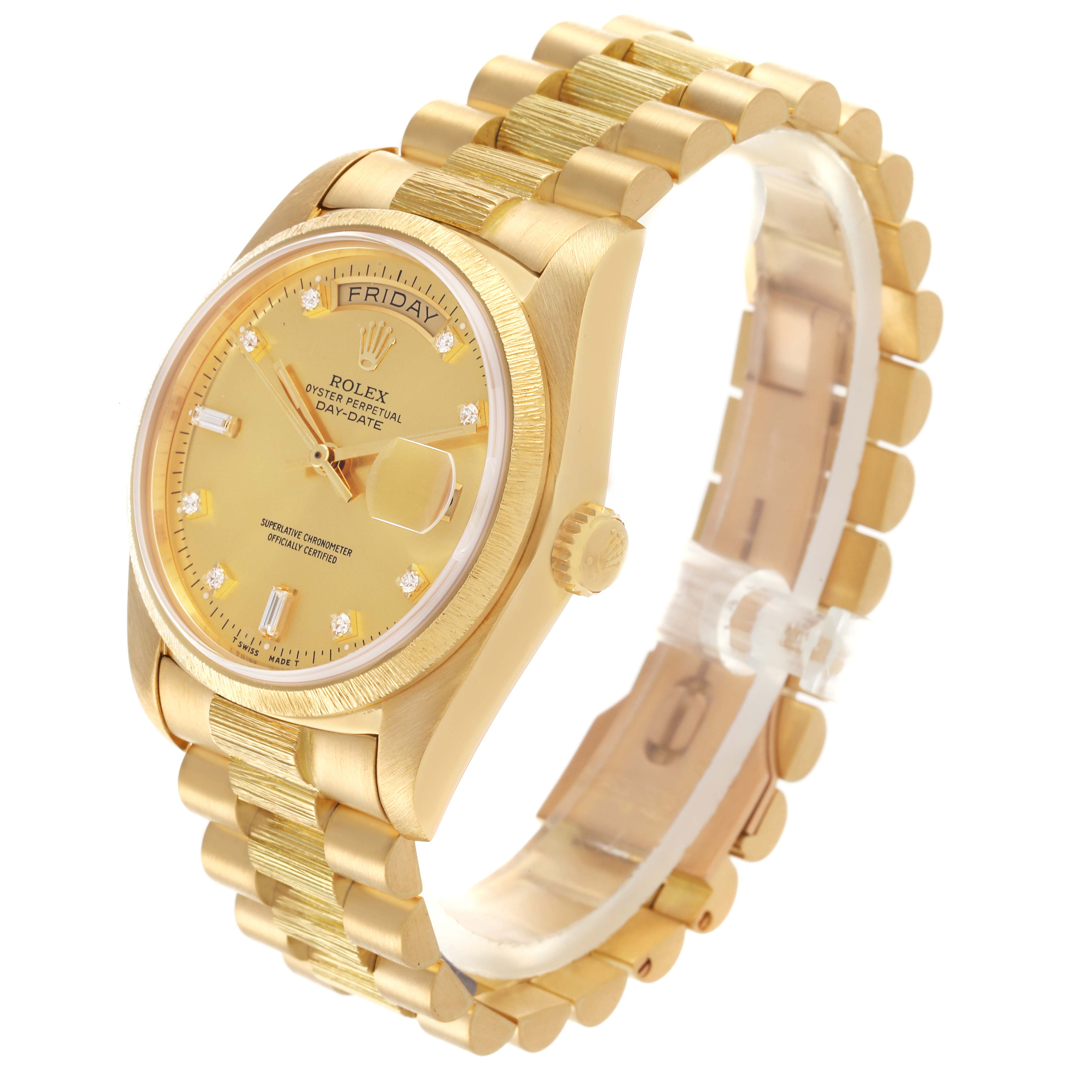 The Rolex President 18078A Men's Yellow Gold Champagne Dial 18078A Men's Yellow Gold Champagne Dial model is shown at an angle highlighting the face, bezel, crown, and bracelet.