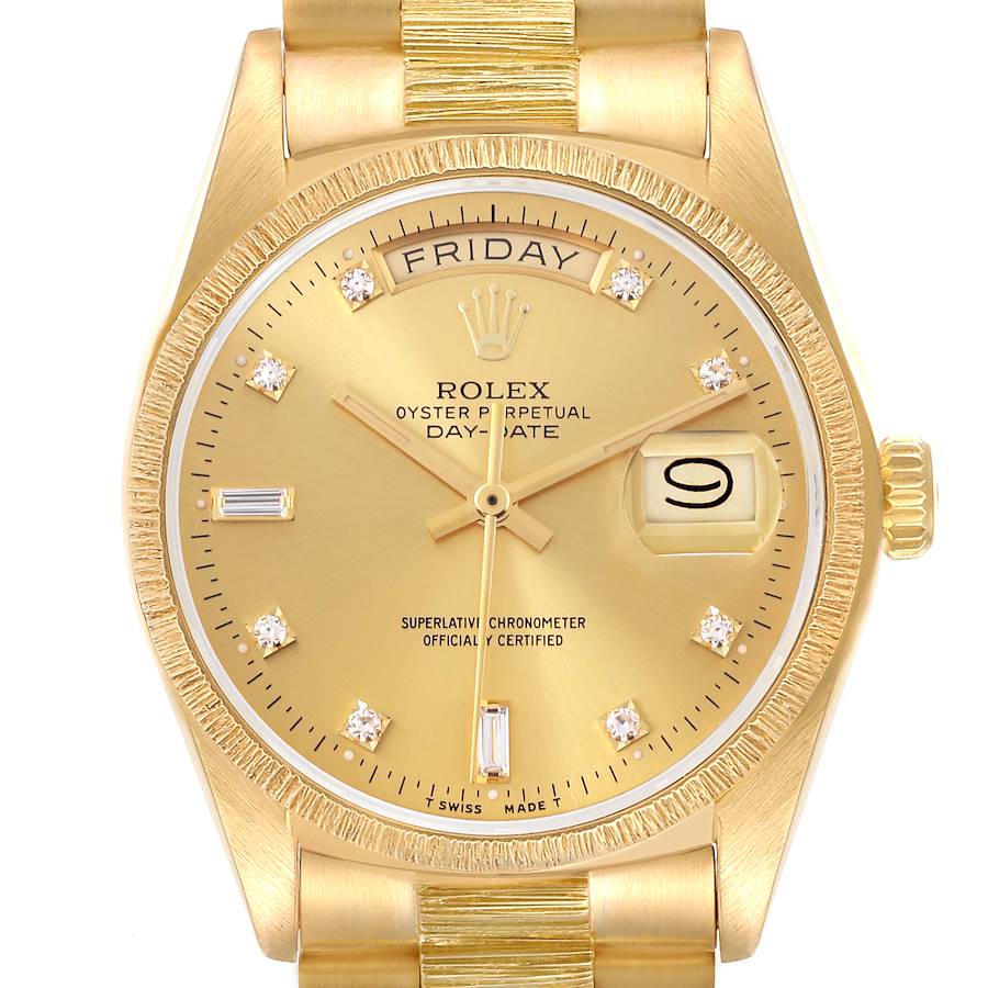 The Rolex President watch is shown from a straight-on angle, highlighting the dial and bracelet links.