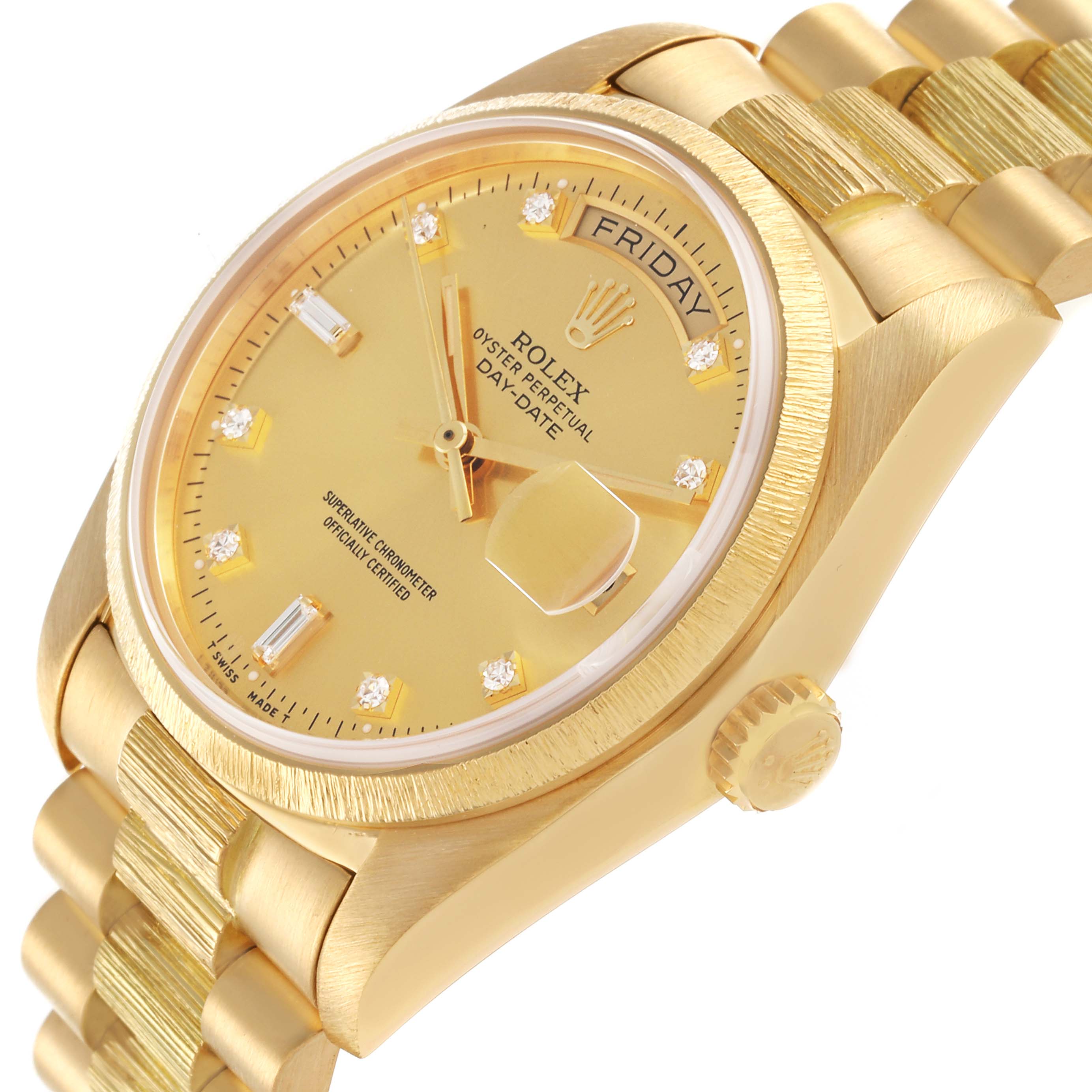 The Rolex President 18078A Men's Yellow Gold Champagne Dial 18078A Men's Yellow Gold Champagne Dial model is shown at an angled view, highlighting the gold case, dial, crown, and part of the bracelet.