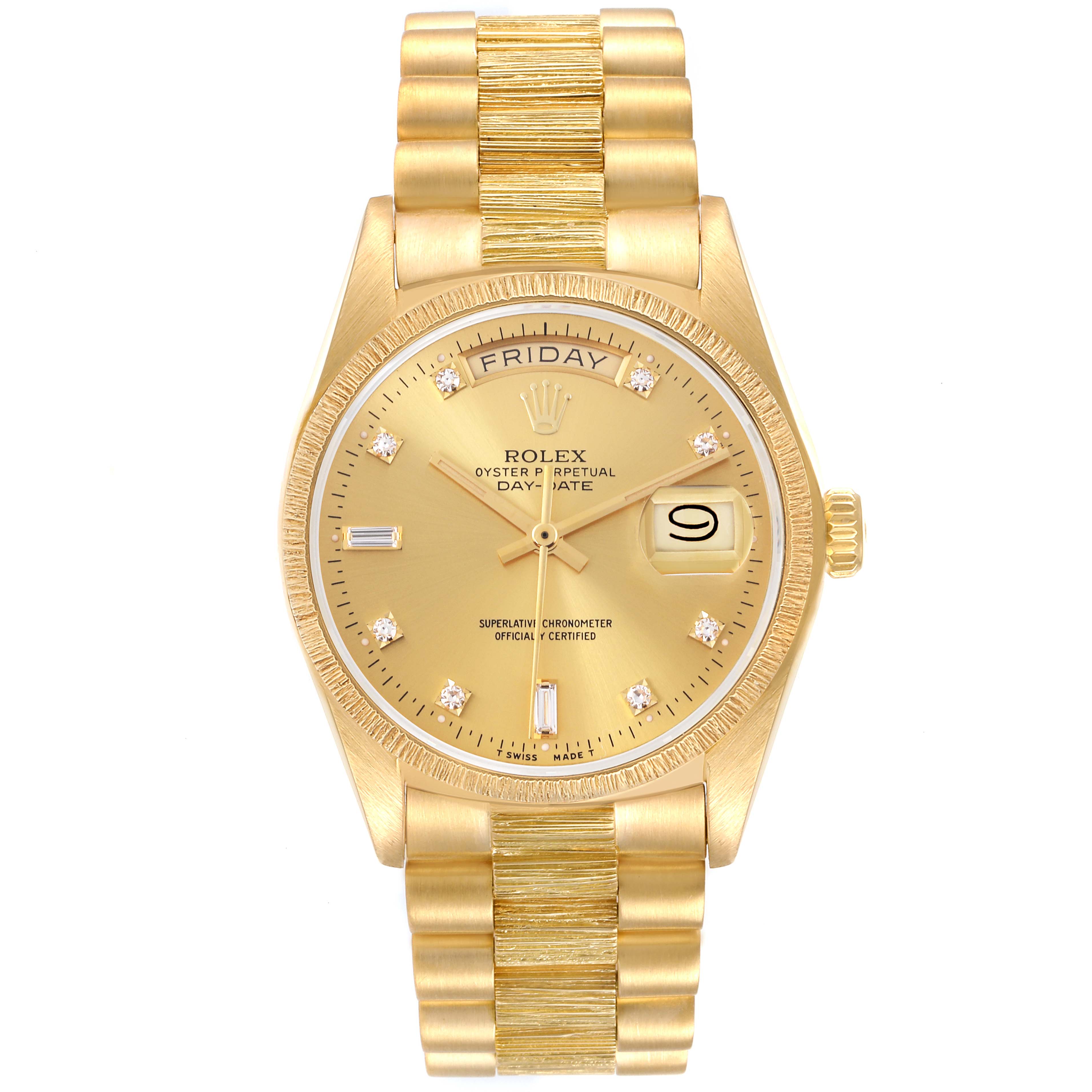 The Rolex President 18078A Men's Yellow Gold Champagne Dial 18078A Men's Yellow Gold Champagne Dial model watch is shown from the front, displaying the face, bezel, and part of the bracelet.