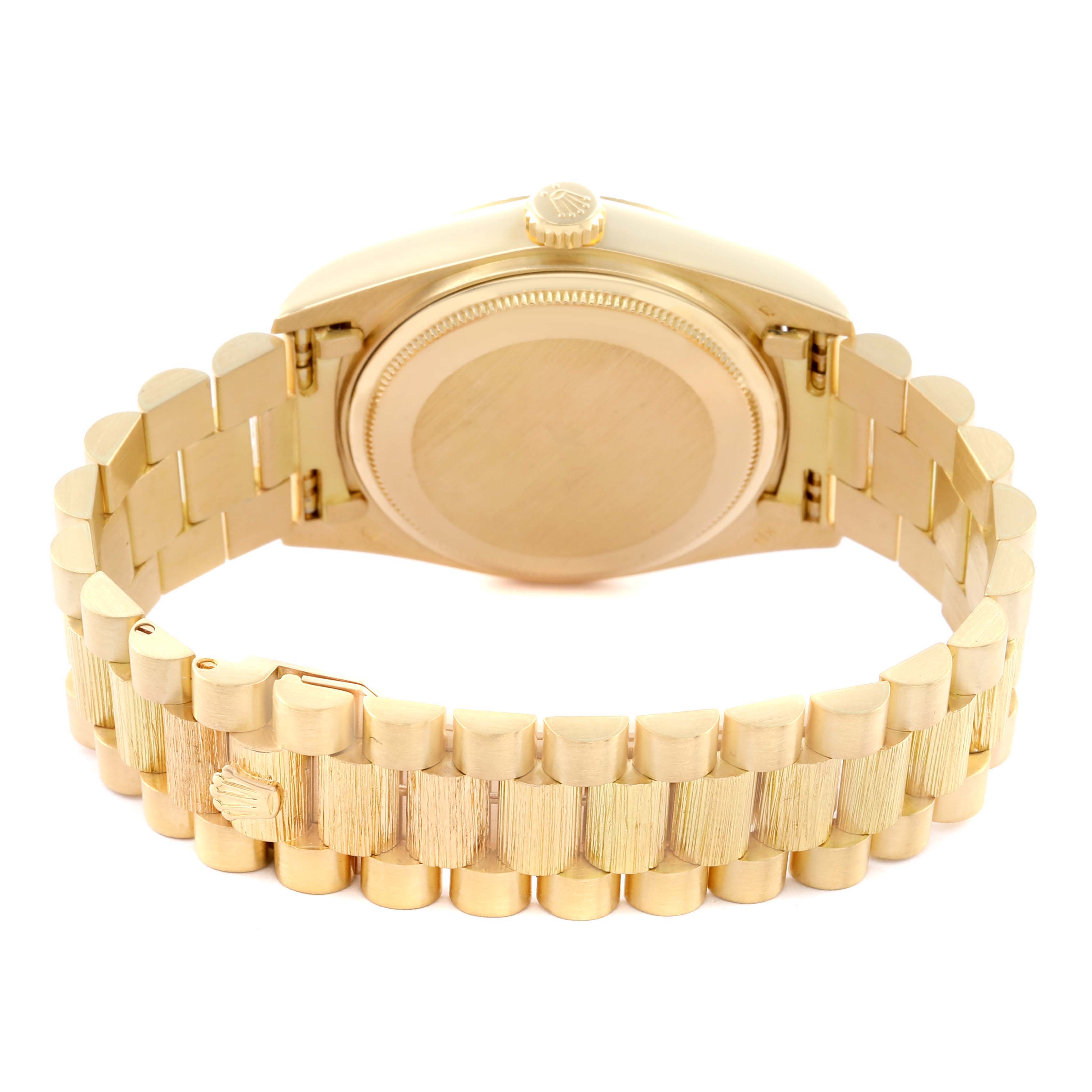 The image shows the back case and bracelet clasp of a Rolex President 18078A Men's Yellow Gold Champagne Dial 18078A Men's Yellow Gold Champagne Dial model watch.