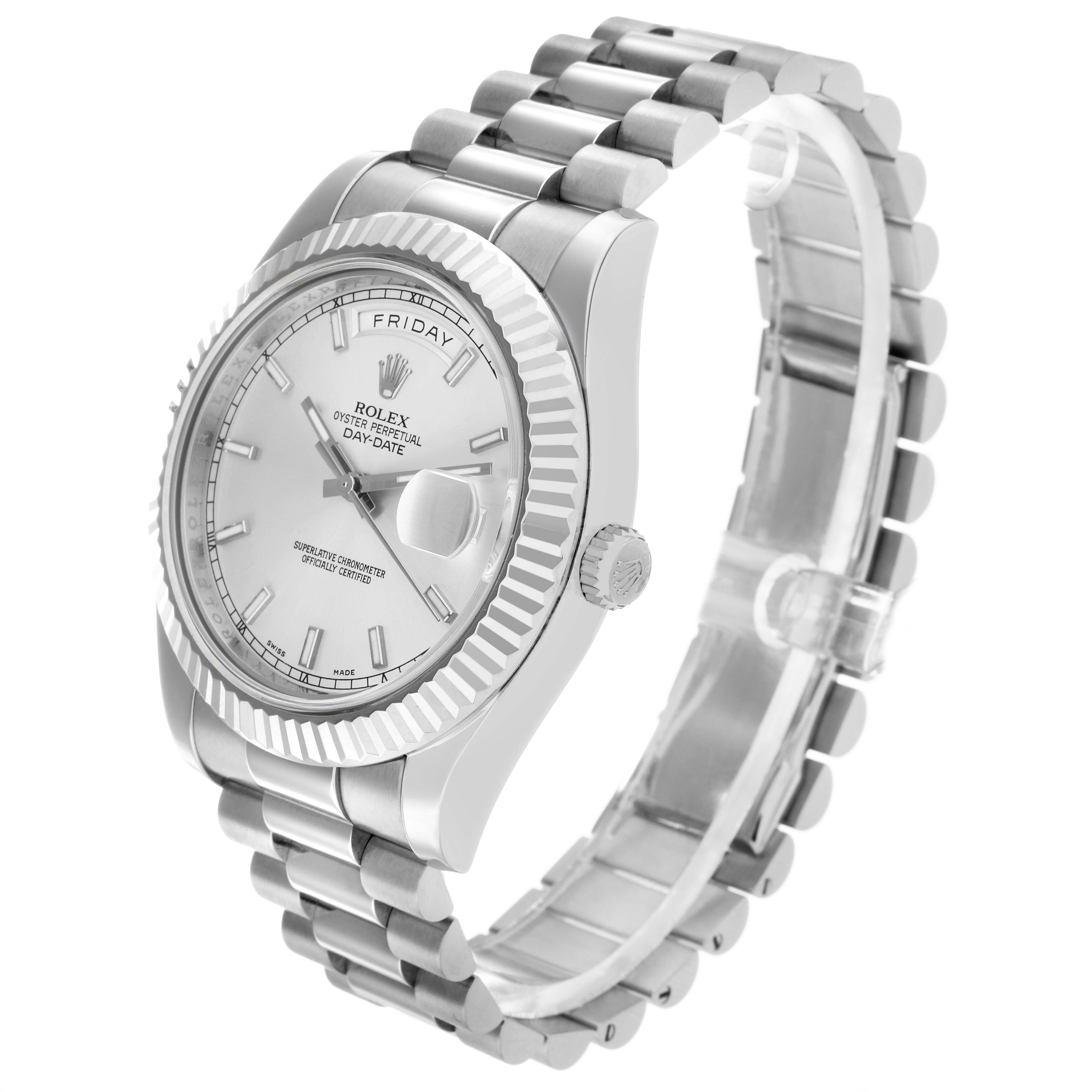 The Rolex President 218239 Men's White Gold Silver Dial model watch is shown at a three-quarter angle, highlighting the dial, bezel, and bracelet.