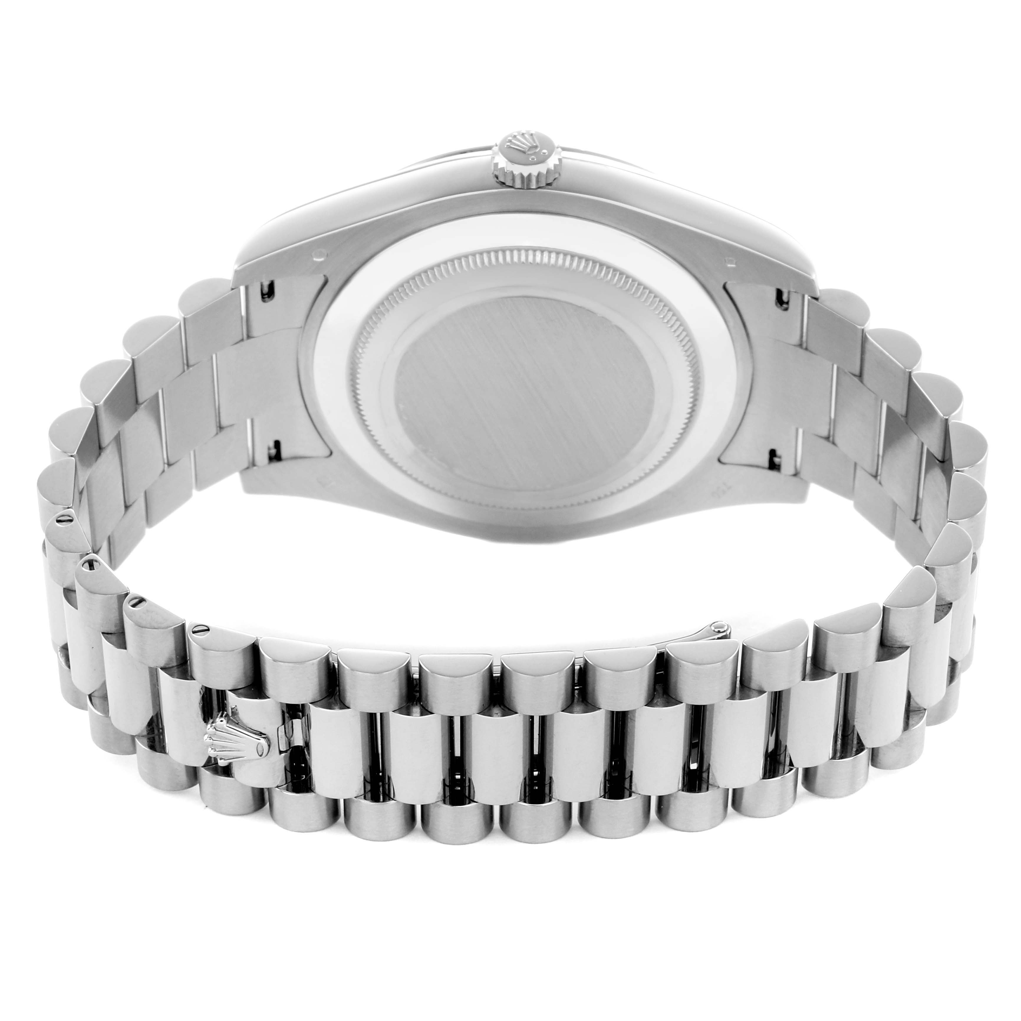 The image shows the back of the Rolex President 218239 Men's White Gold Silver Dial watch, highlighting the caseback and the bracelet clasp from a rear angle.
