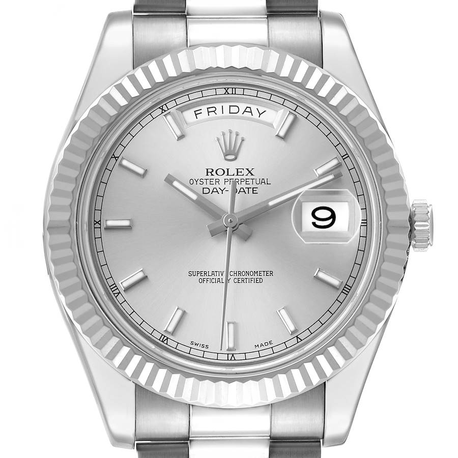 The Rolex President 218239 Men's White Gold Silver Dial model watch is shown from the front, highlighting the dial, bezel, crown, and part of the bracelet.