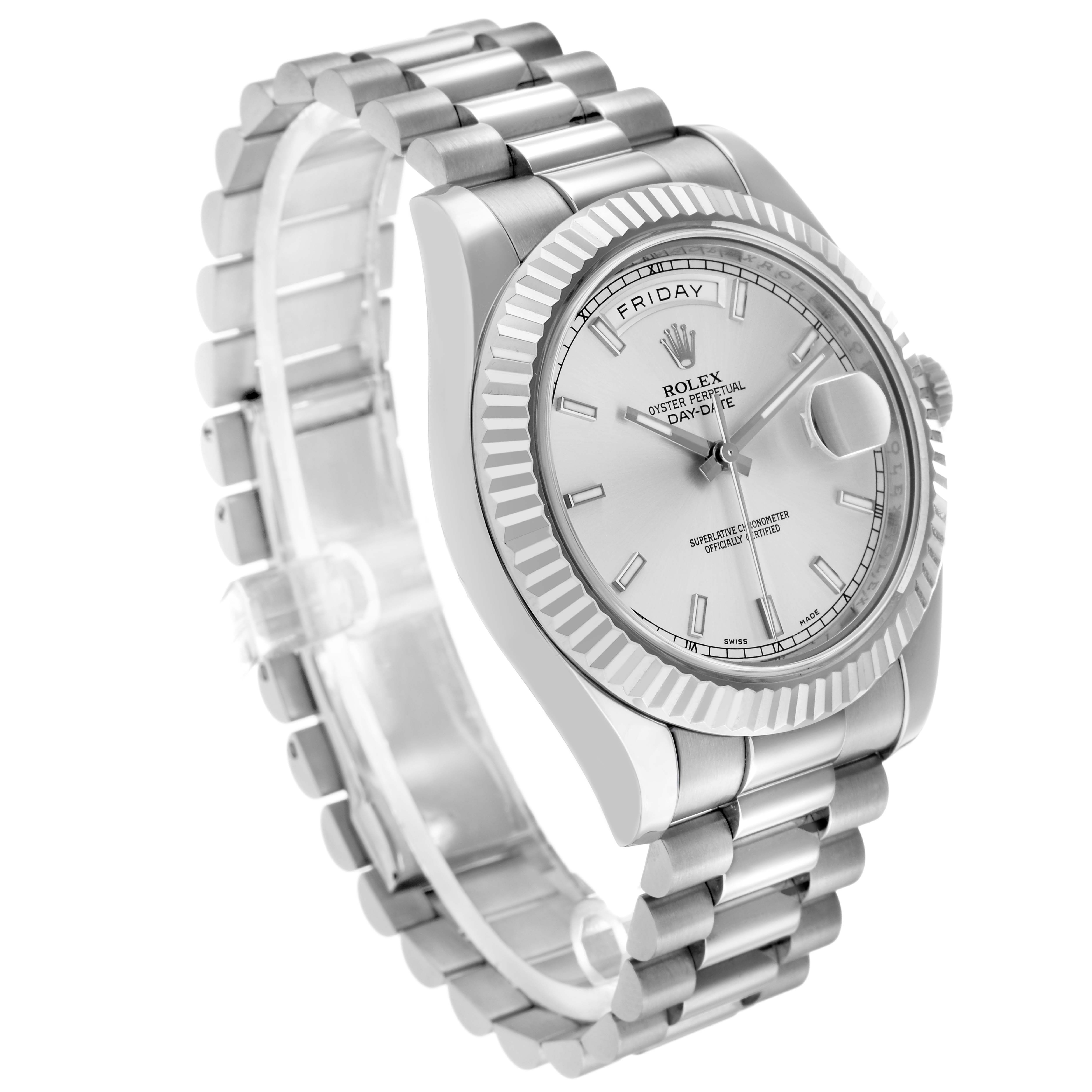 The Rolex President 218239 Men's White Gold Silver Dial model watch is shown at a three-quarter angle, highlighting the dial, bezel, and bracelet.