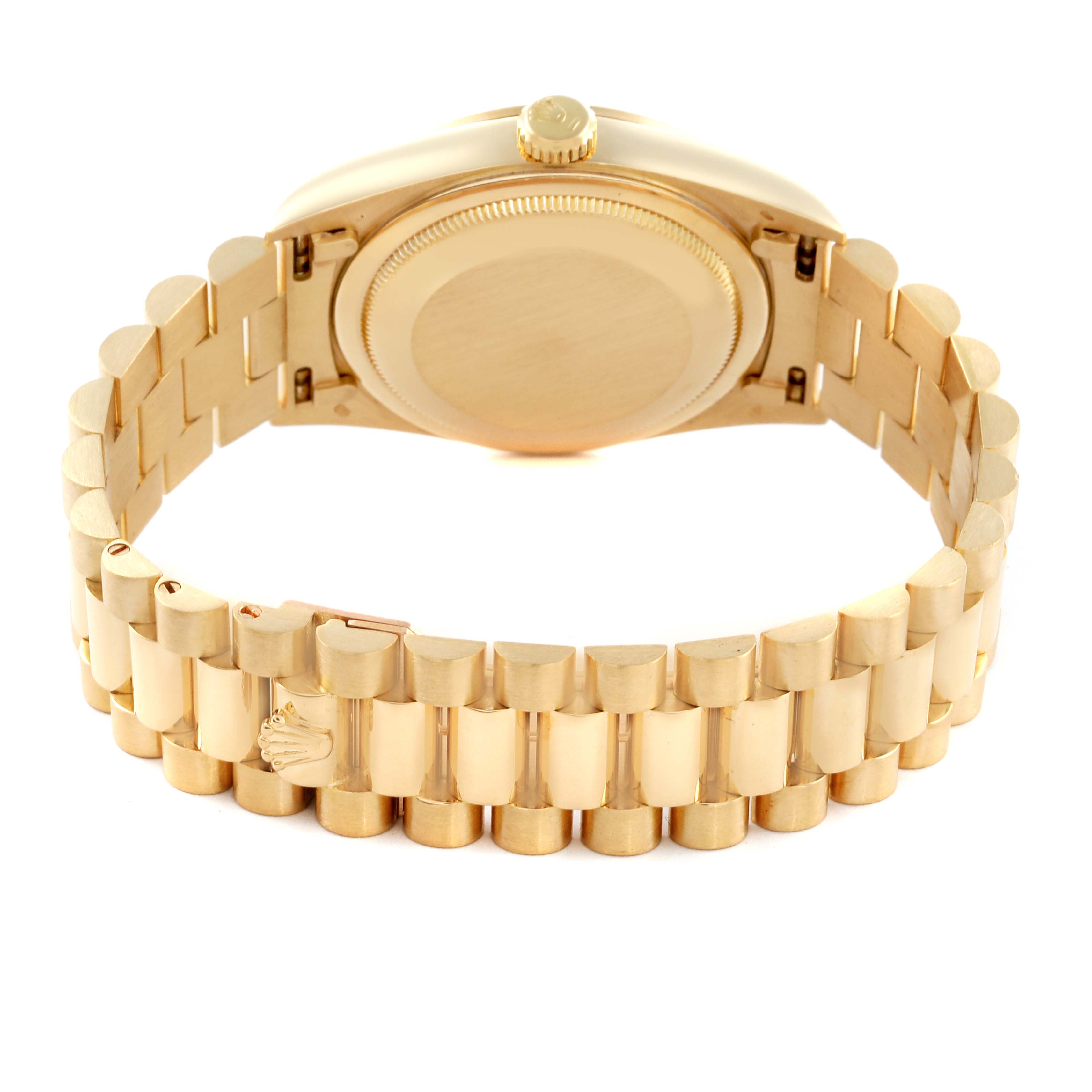 The image shows the back and bracelet of the Rolex President 18238 Men's Yellow Gold Champagne Dial 18238 Men's Yellow Gold Champagne Dial model watch from a rear angle.