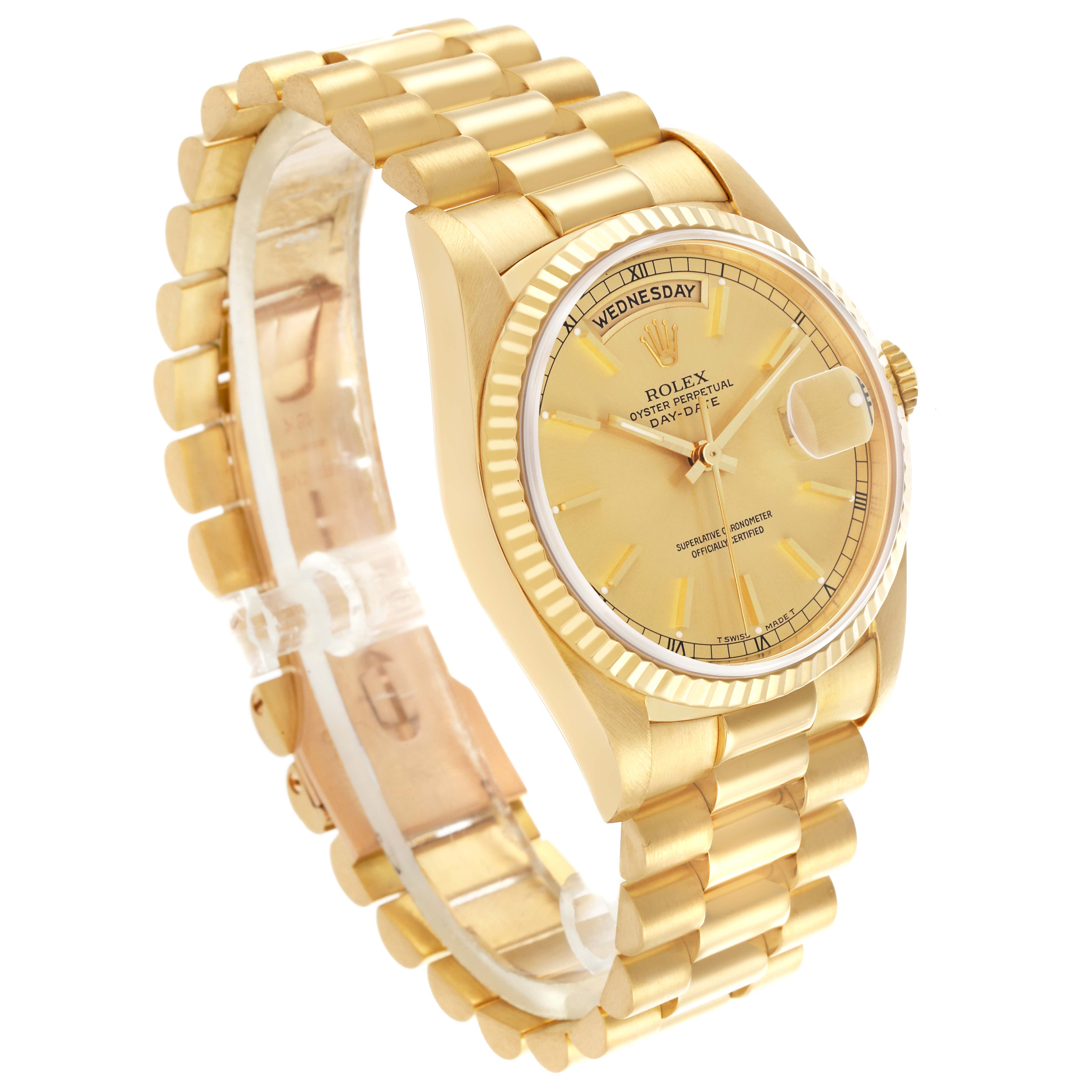 The Rolex President 18238 Men's Yellow Gold Champagne Dial 18238 Men's Yellow Gold Champagne Dial watch is shown at a three-quarter angle, displaying the bracelet and dial with day and date features.