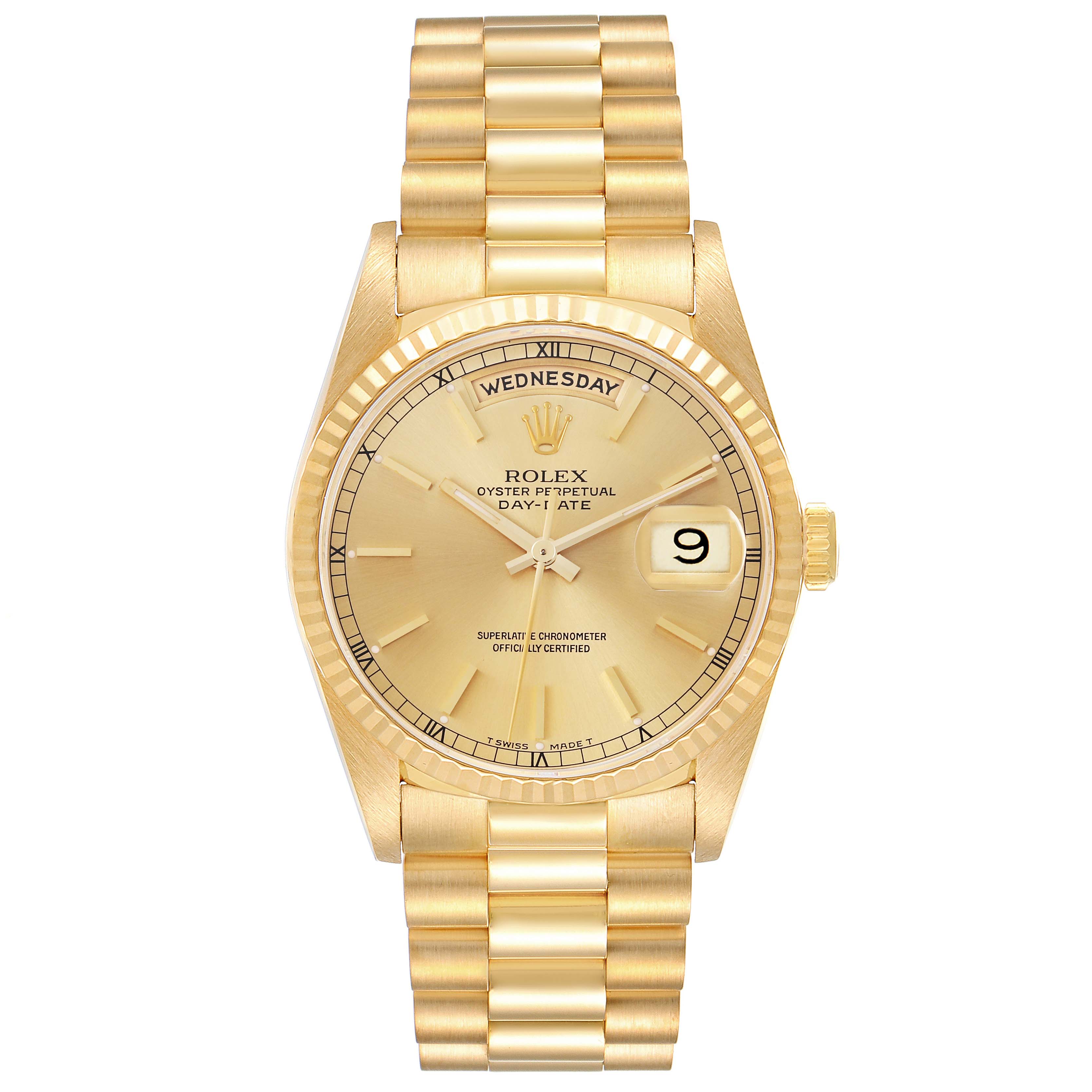 The Rolex President 18238 Men's Yellow Gold Champagne Dial 18238 Men's Yellow Gold Champagne Dial model is shown from a front angle, highlighting the dial, bezel, and bracelet.