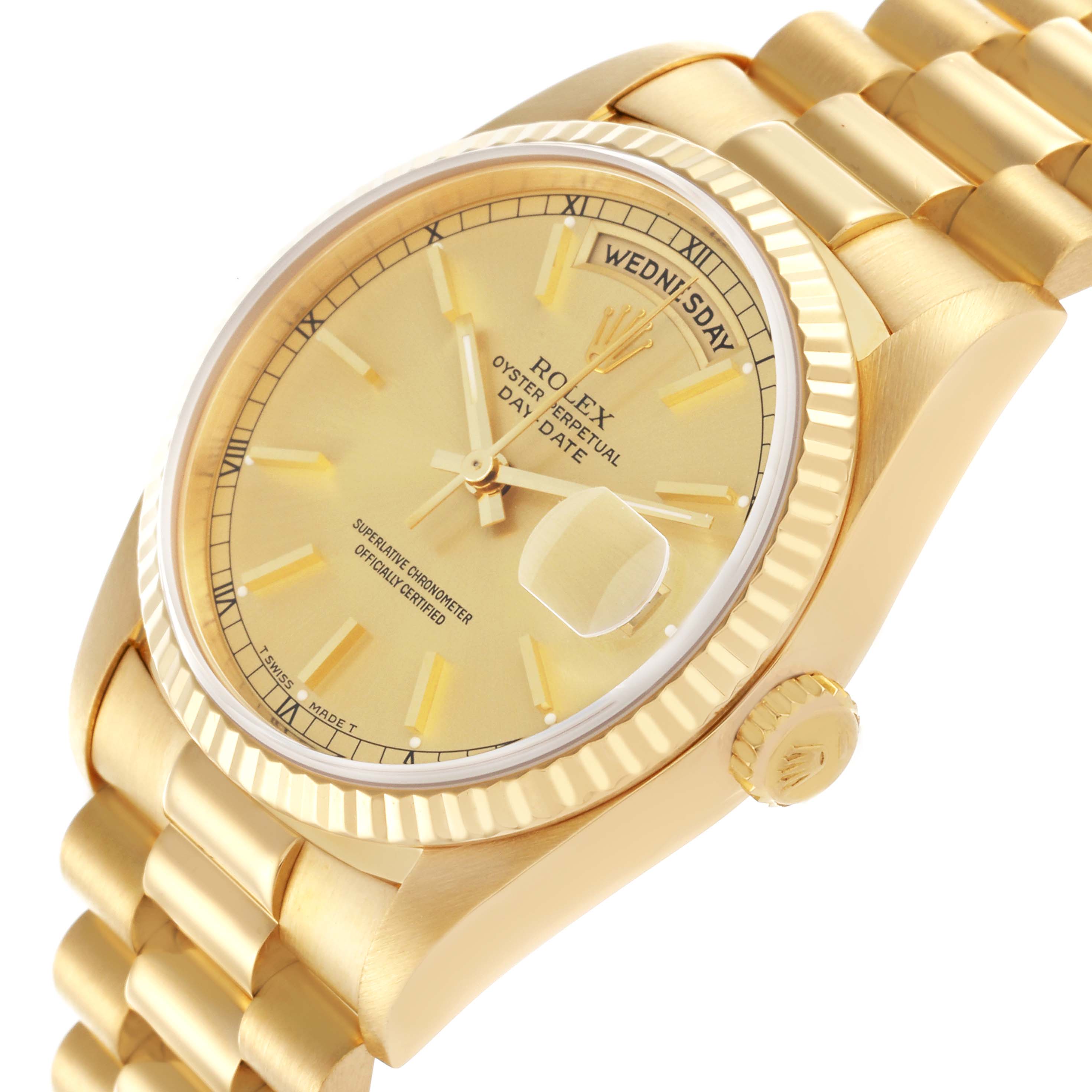 The Rolex President 18238 Men's Yellow Gold Champagne Dial 18238 Men's Yellow Gold Champagne Dial watch is shown at an angled view, displaying the face, fluted bezel, and bracelet with a focus on the crown and day display.