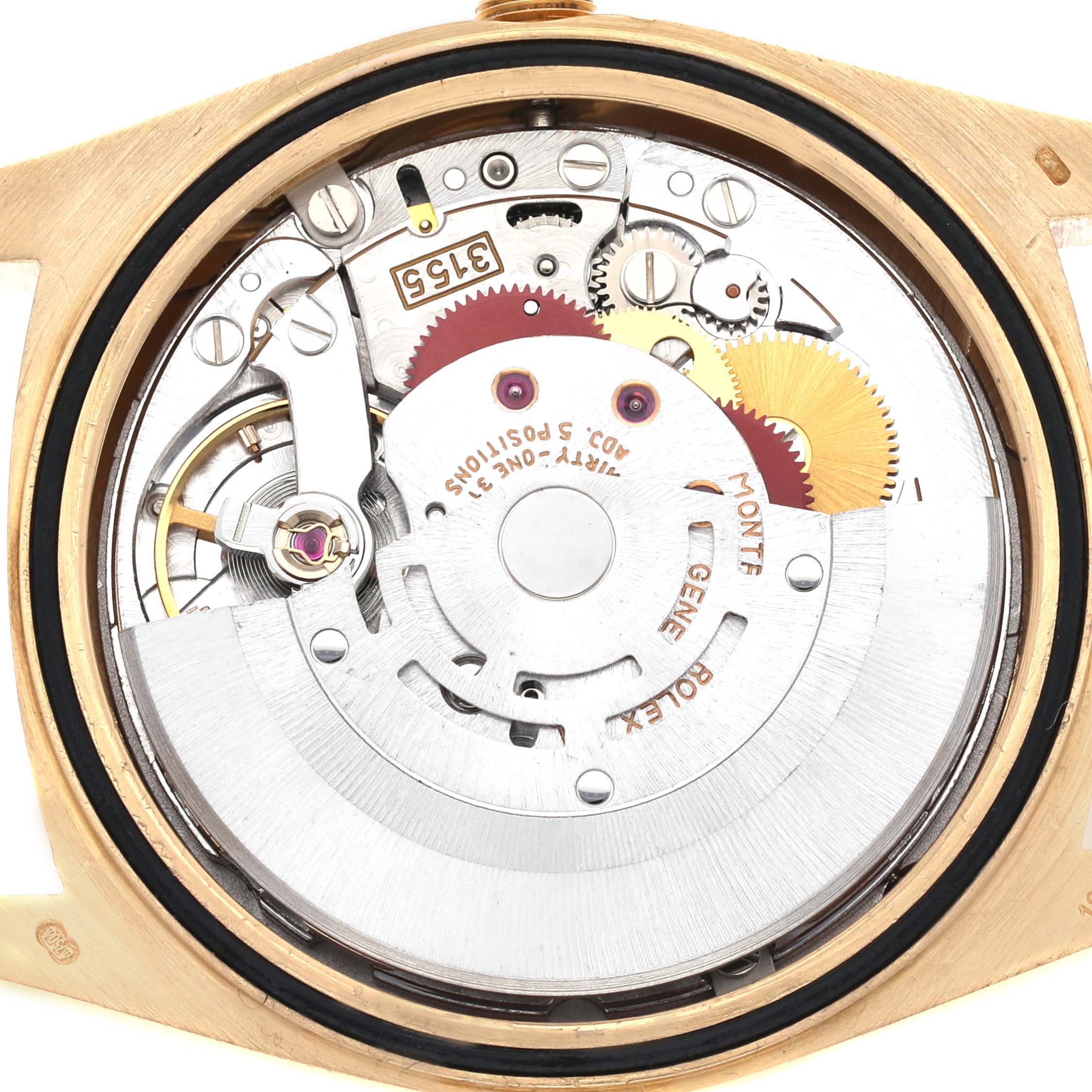 The image shows the internal movement of the Rolex President 18238 Men's Yellow Gold Champagne Dial 18238 Men's Yellow Gold Champagne Dial model watch from a top-down angle.