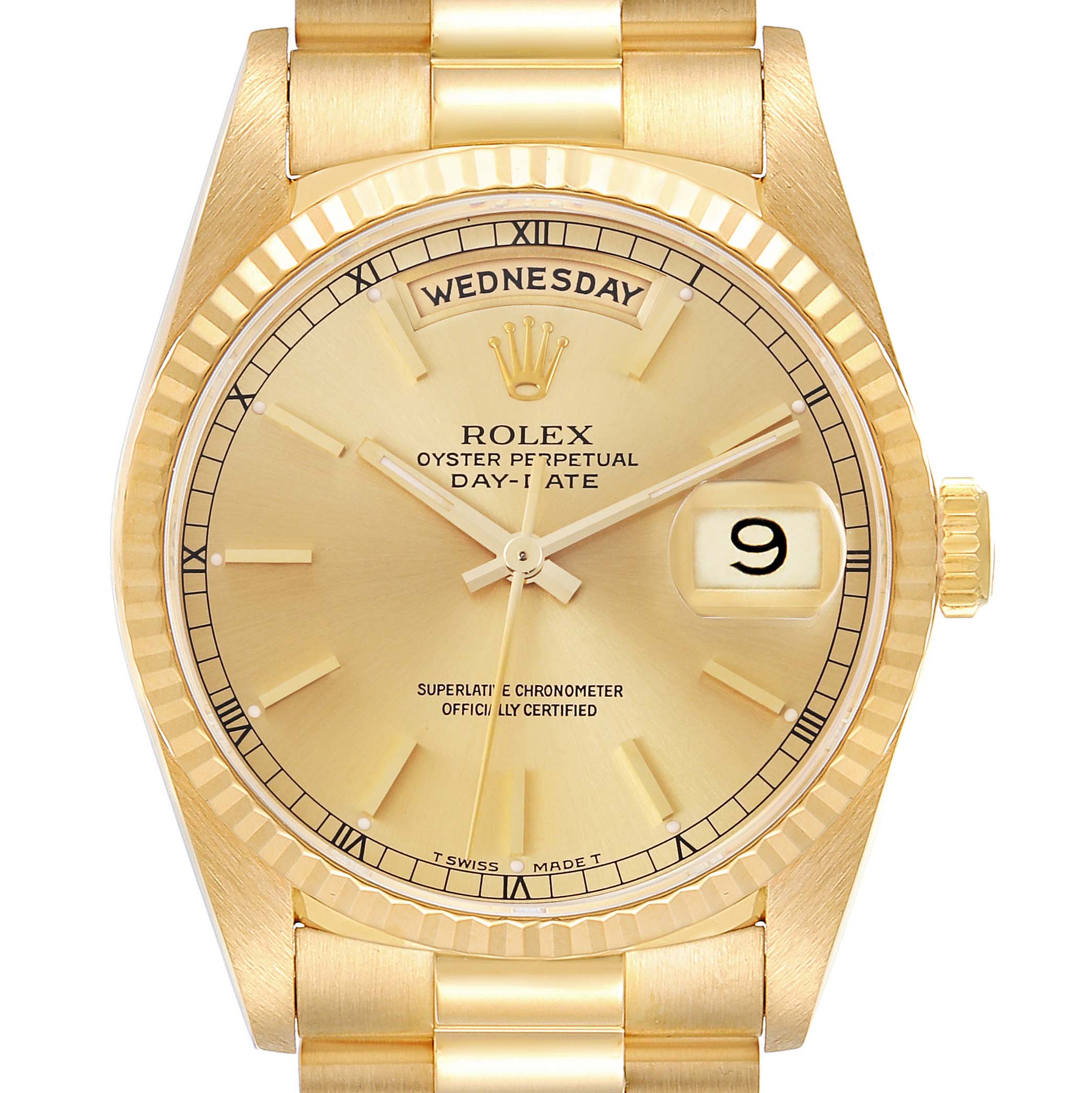 The Rolex President 18238 Men's Yellow Gold Champagne Dial 18238 Men's Yellow Gold Champagne Dial model is shown from the front, highlighting its gold dial, day-date display, and fluted bezel.