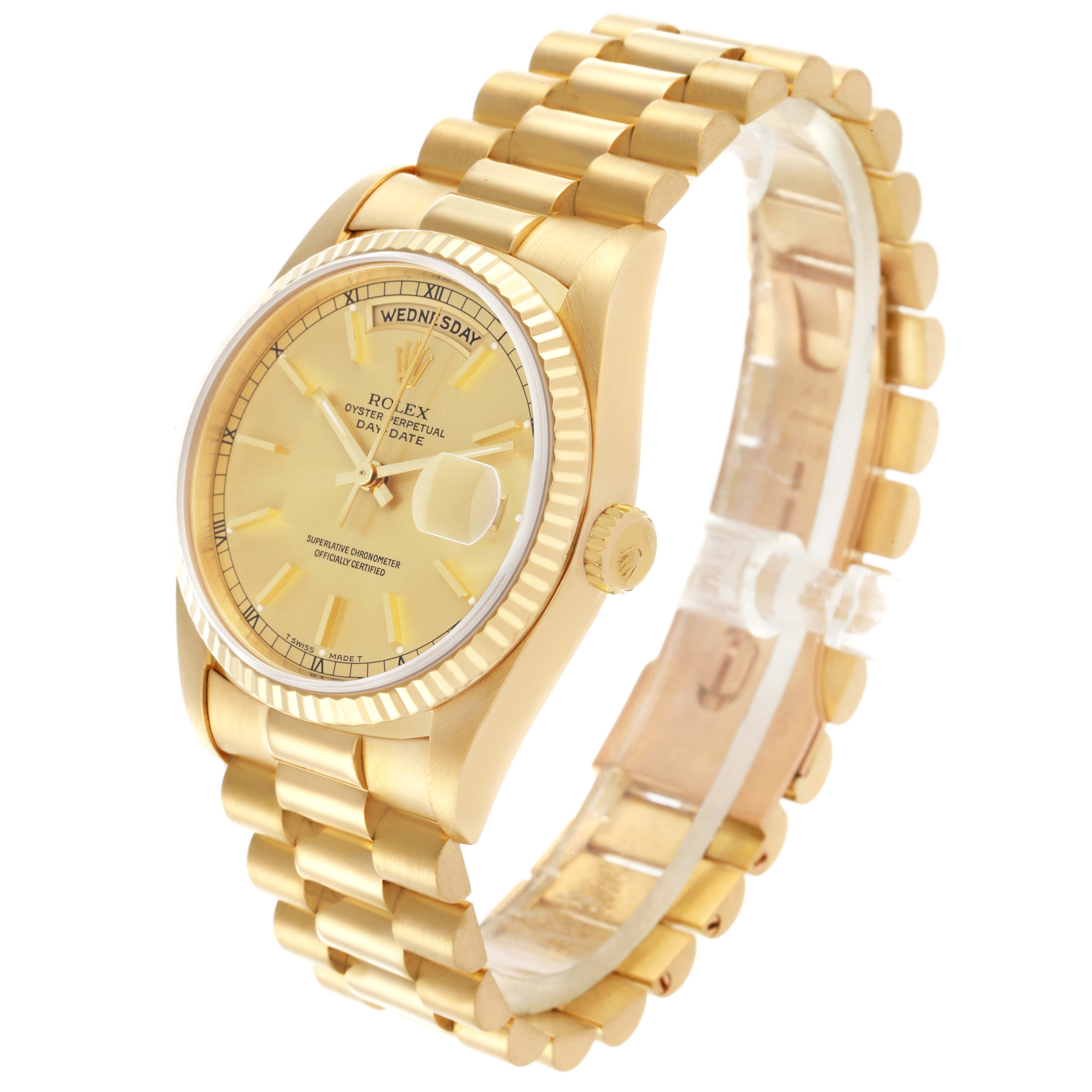 The Rolex President 18238 Men's Yellow Gold Champagne Dial 18238 Men's Yellow Gold Champagne Dial watch is shown at an angle, displaying the face, bezel, crown, and bracelet.