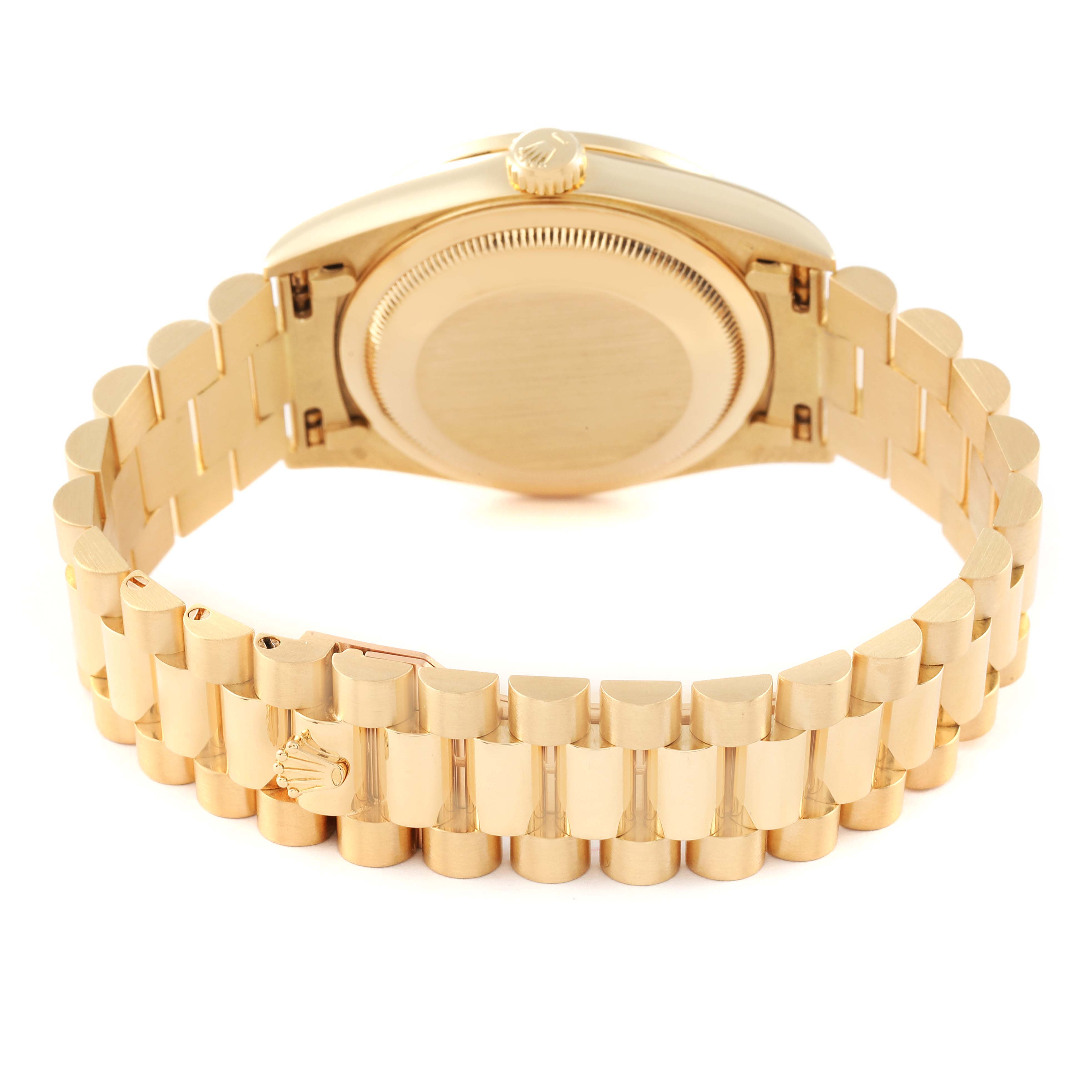 The image shows the back view of a Rolex President 18378 Men
s Yellow Gold Champagne Dial 18378 Men
s Yellow Gold Champagne Dial model watch, highlighting its bracelet and case back.