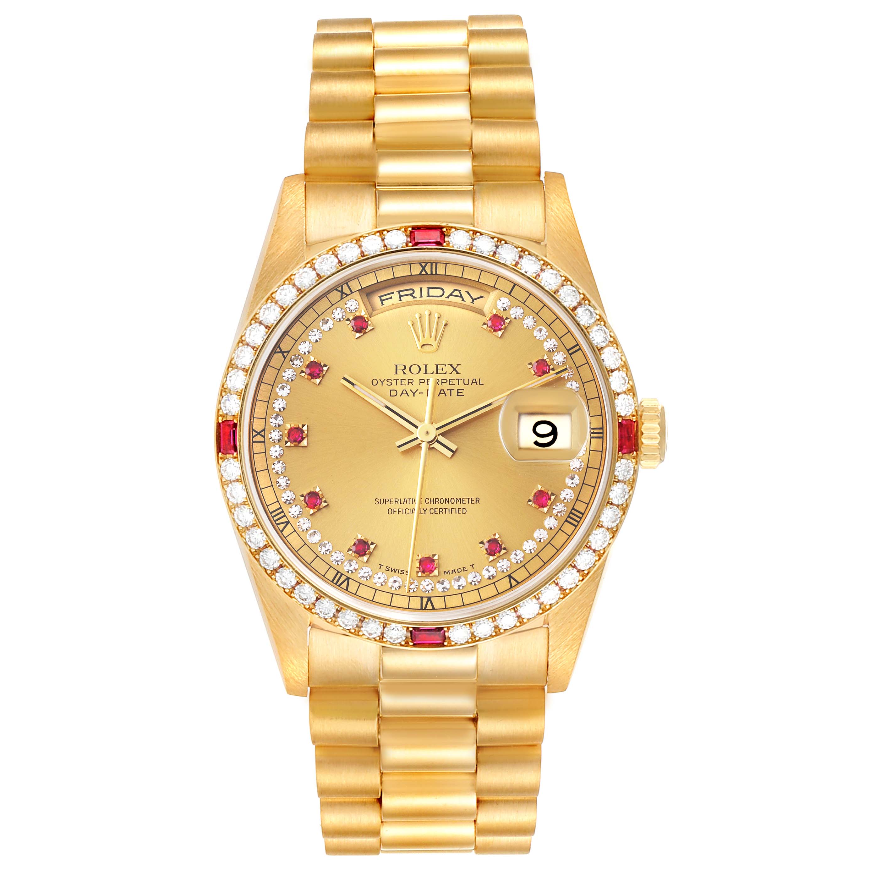 This image shows a front view of a Rolex President 18378 Men
s Yellow Gold Champagne Dial 18378 Men
s Yellow Gold Champagne Dial model watch, displaying the face, bezel, and bracelet.