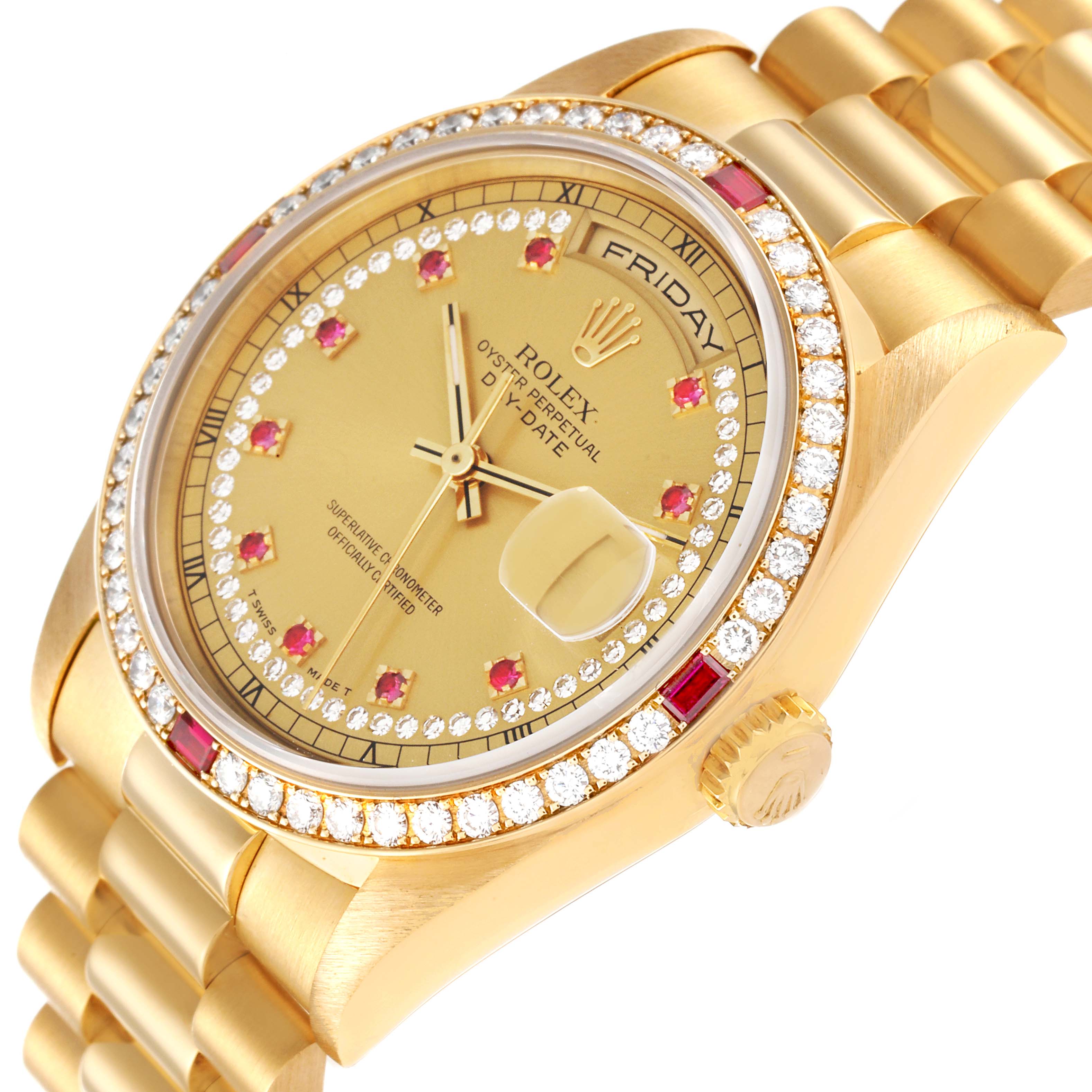 The image shows a close-up of a Rolex President 18378 Men
s Yellow Gold Champagne Dial 18378 Men
s Yellow Gold Champagne Dial model watch, featuring its gold dial, diamond bezel, and part of the bracelet.