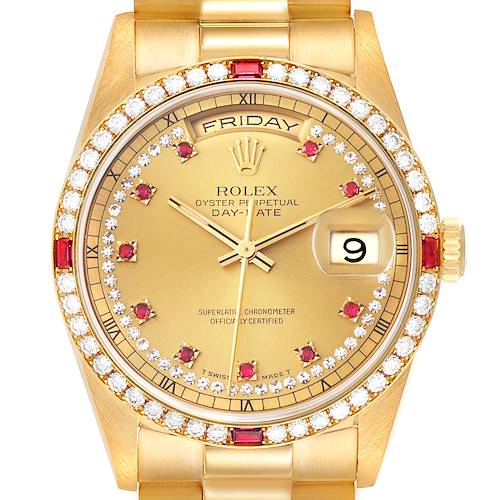 Photo of Rolex President Day-Date Yellow Gold String Diamond Ruby Dial Watch 18378