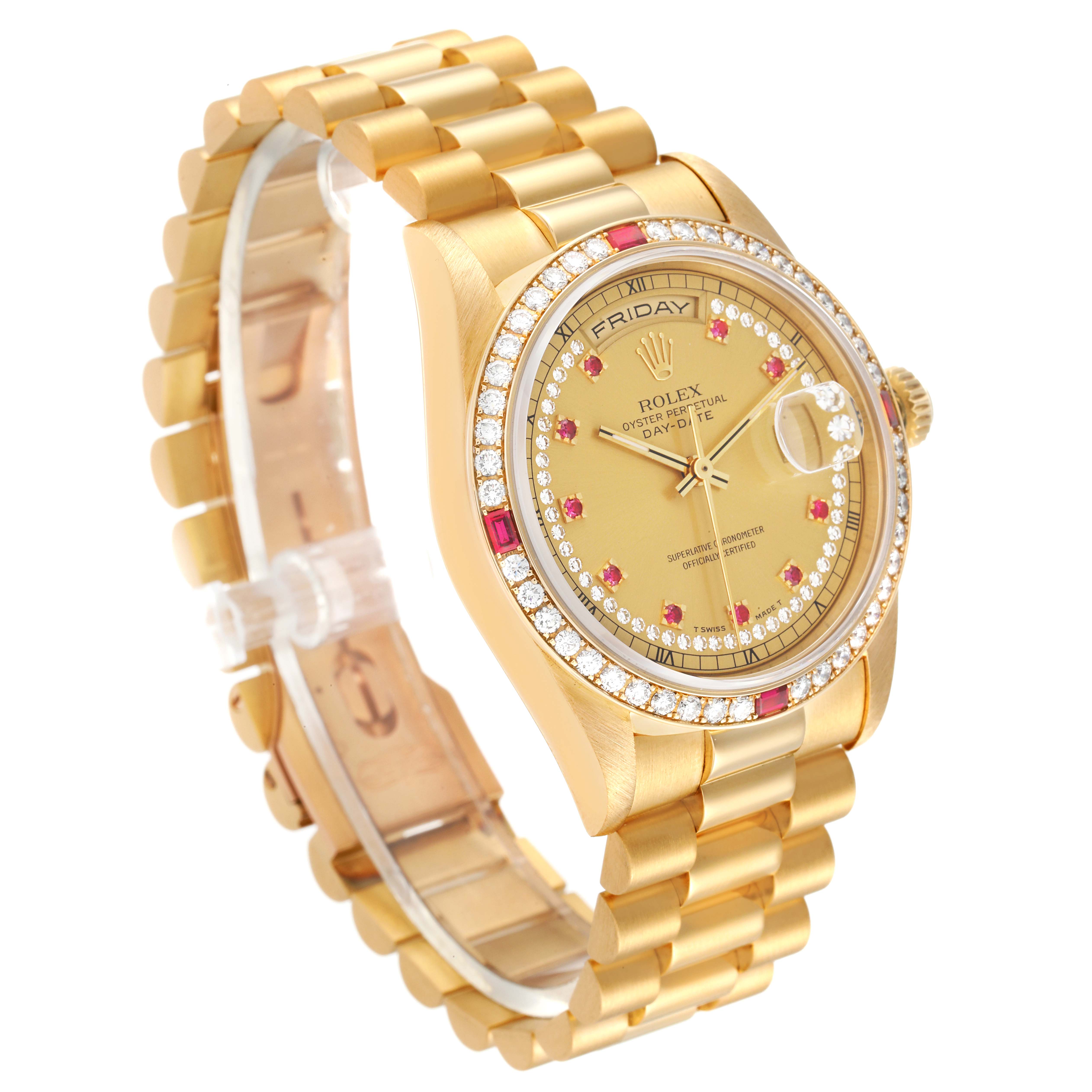 The image shows a side view of a Rolex President 18378 Men
s Yellow Gold Champagne Dial 18378 Men
s Yellow Gold Champagne Dial watch, displaying its gold bracelet, diamond bezel, and gold dial.