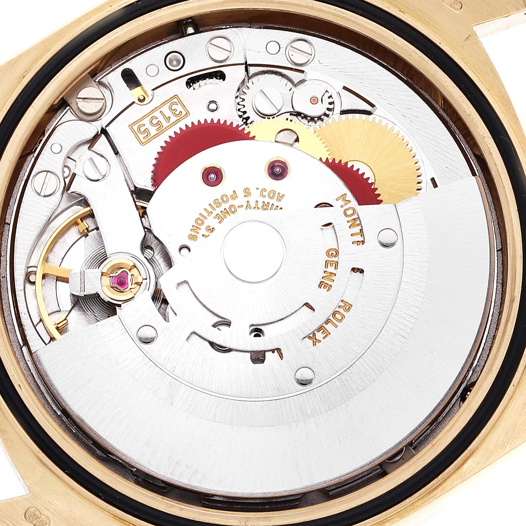 This image shows the intricate inner machinery and movement components of the Rolex President 18378 Men
s Yellow Gold Champagne Dial 18378 Men
s Yellow Gold Champagne Dial model watch from a top-down angle.