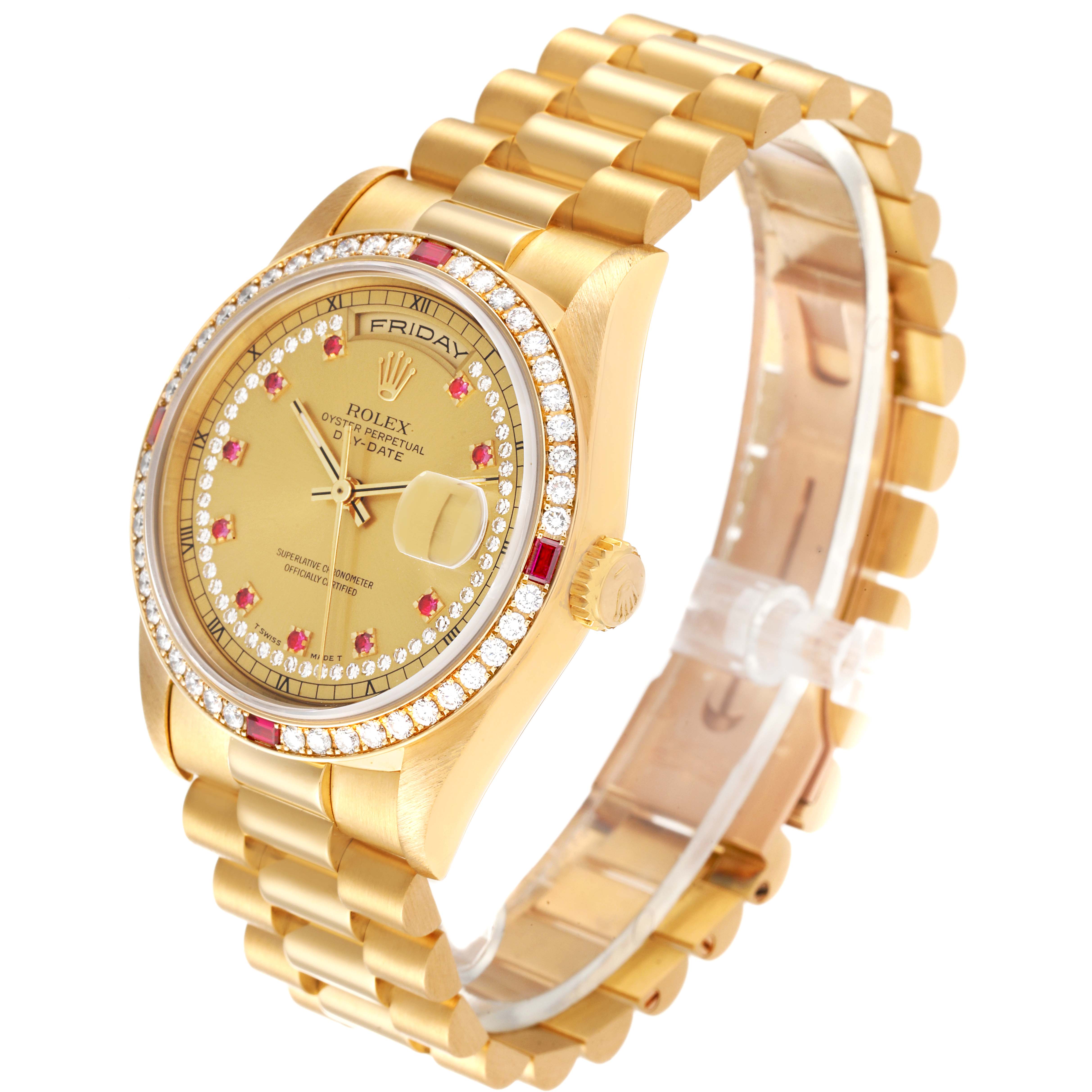 The image shows a Rolex President 18378 Men
s Yellow Gold Champagne Dial 18378 Men
s Yellow Gold Champagne Dial model watch from an angled side view, displaying the dial, bracelet, and crown.