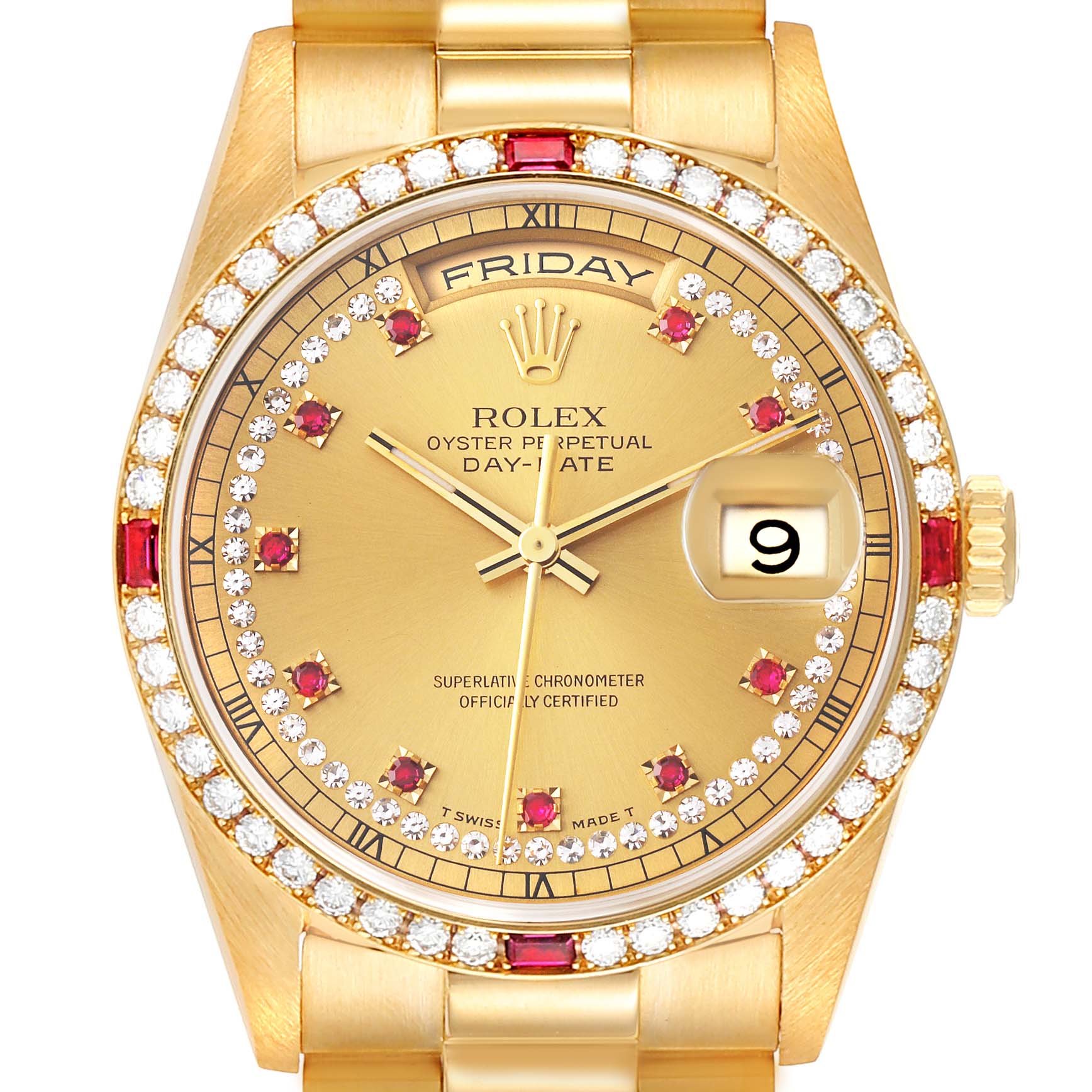 The image shows a close-up of the Rolex President 18378 Men
s Yellow Gold Champagne Dial 18378 Men
s Yellow Gold Champagne Dial Day-Date watch face, including the bezel, dial, and part of the bracelet.