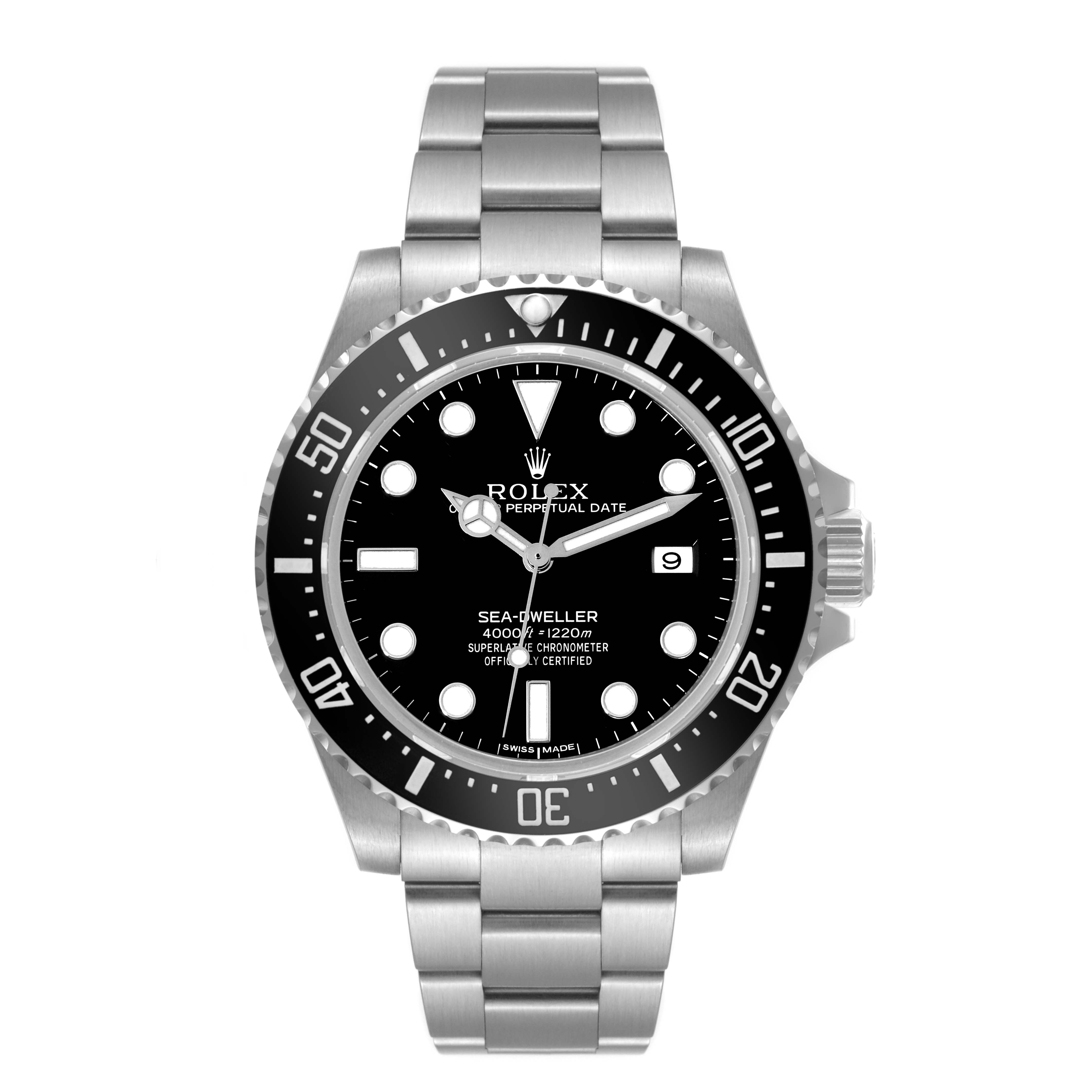 The image shows a front view of a Rolex Sea-Dweller 116600 Men
s Stainless Steel Black Dial 116600 Men
s Stainless Steel Black Dial watch, displaying the dial, bezel, and bracelet.