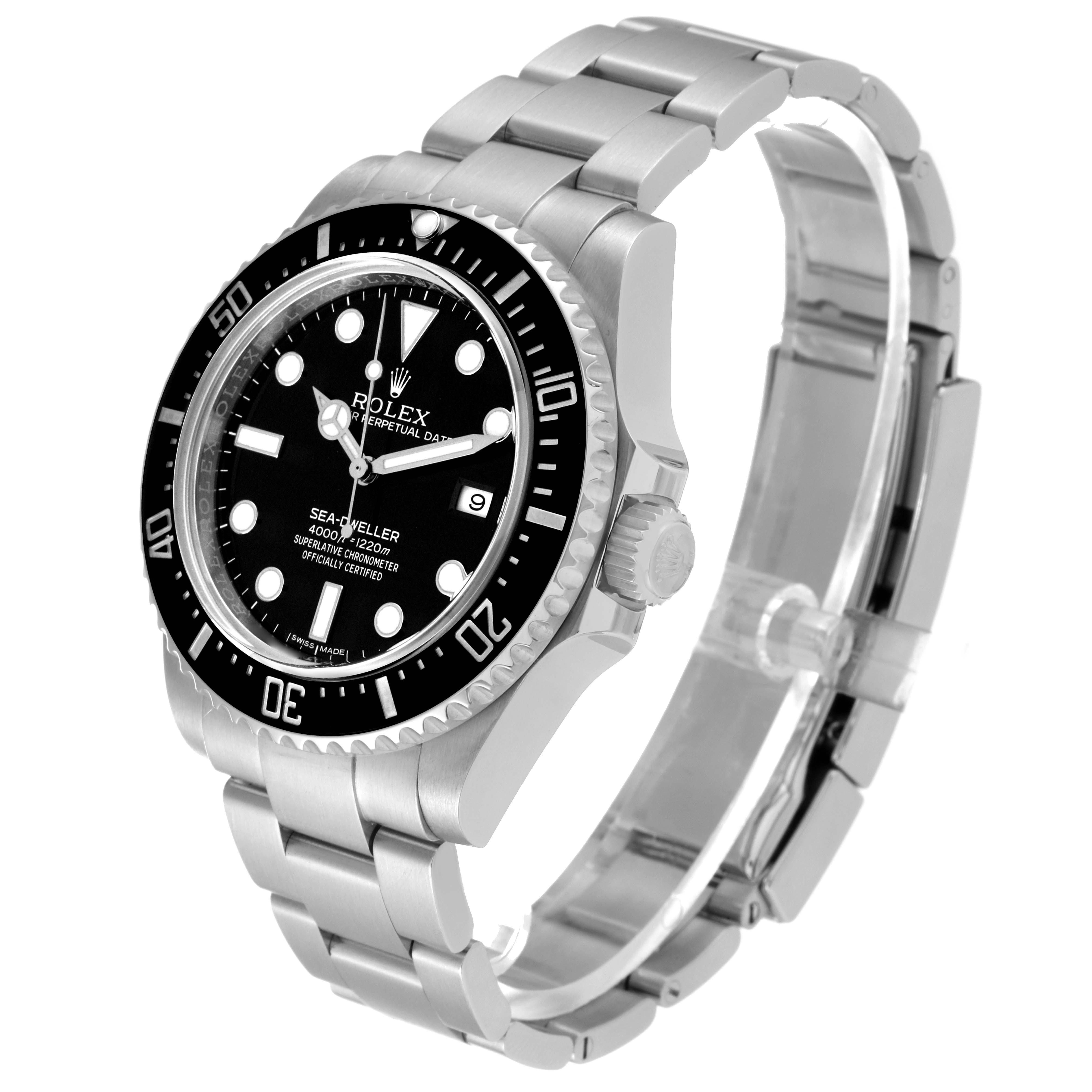 The image shows a side angle of the Rolex Sea-Dweller 116600 Men
s Stainless Steel Black Dial 116600 Men
s Stainless Steel Black Dial watch, highlighting the dial, bezel, case, crown, and bracelet.