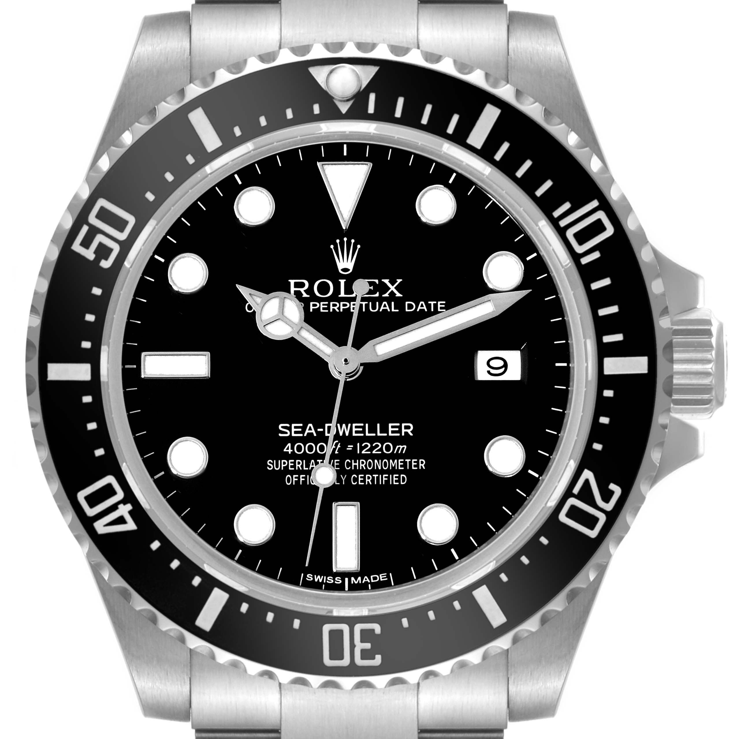 This image shows the face and bezel of a Rolex Sea-Dweller 116600 Men
s Stainless Steel Black Dial 116600 Men
s Stainless Steel Black Dial watch model, focusing on the dial and indicators.