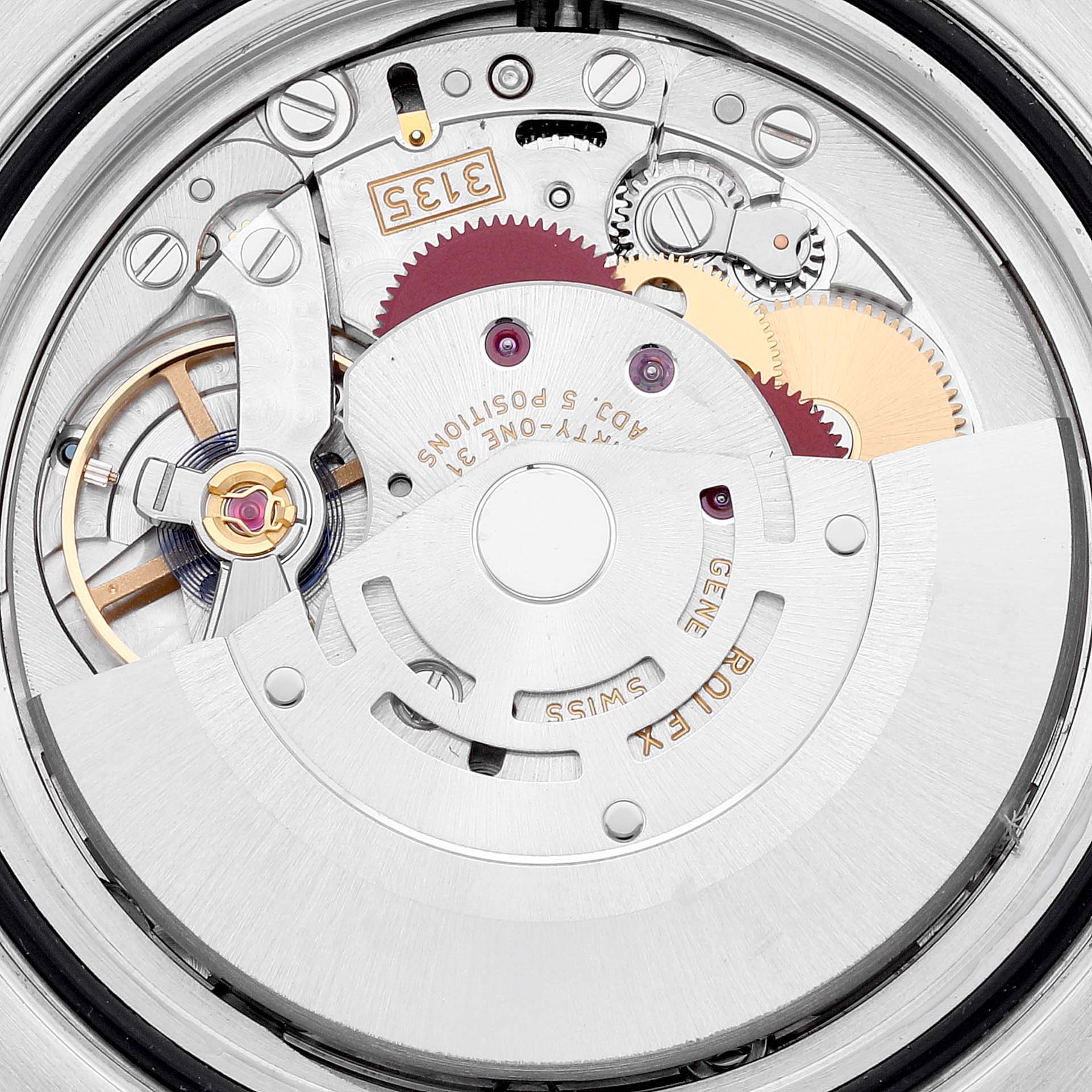 The image shows the movement mechanism of a Rolex Sea-Dweller 116600 Men
s Stainless Steel Black Dial 116600 Men
s Stainless Steel Black Dial watch, highlighting gears, wheels, and the balance assembly.