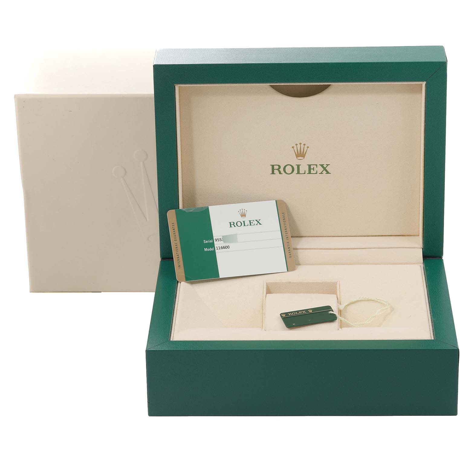 The image shows the packaging, warranty card, and Best Quality
ity tag for a Rolex Sea-Dweller 116600 Men
s Stainless Steel Black Dial 116600 Men
s Stainless Steel Black Dial watch.
