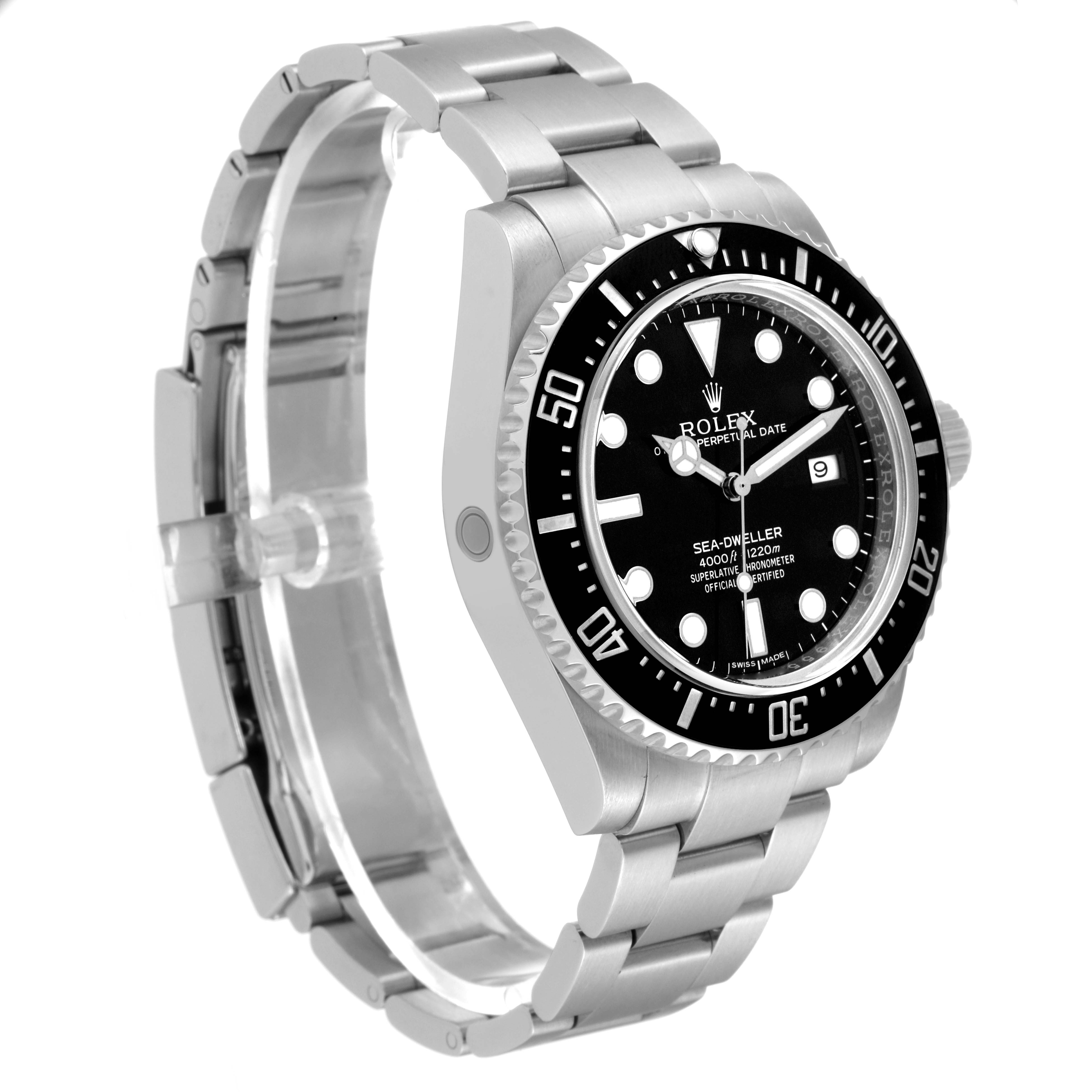 This image shows the Rolex Sea-Dweller 116600 Men
s Stainless Steel Black Dial 116600 Men
s Stainless Steel Black Dial watch at a three-quarter angle, displaying the face, bezel, case, and metal bracelet.