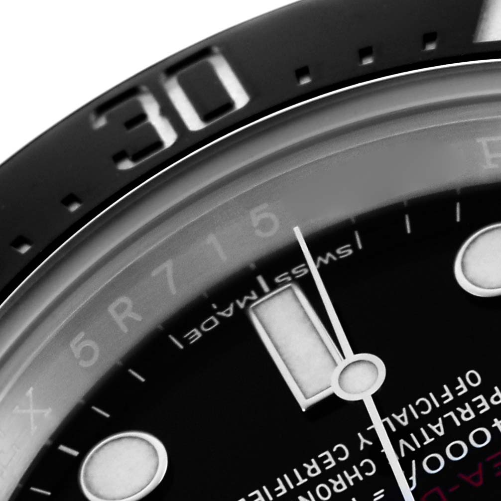 The image shows a close-up of the Rolex Sea-Dweller 126600 Men's Stainless Steel Black Dial's dial and bezel, highlighting the 30-minute marker and part of the watch face.