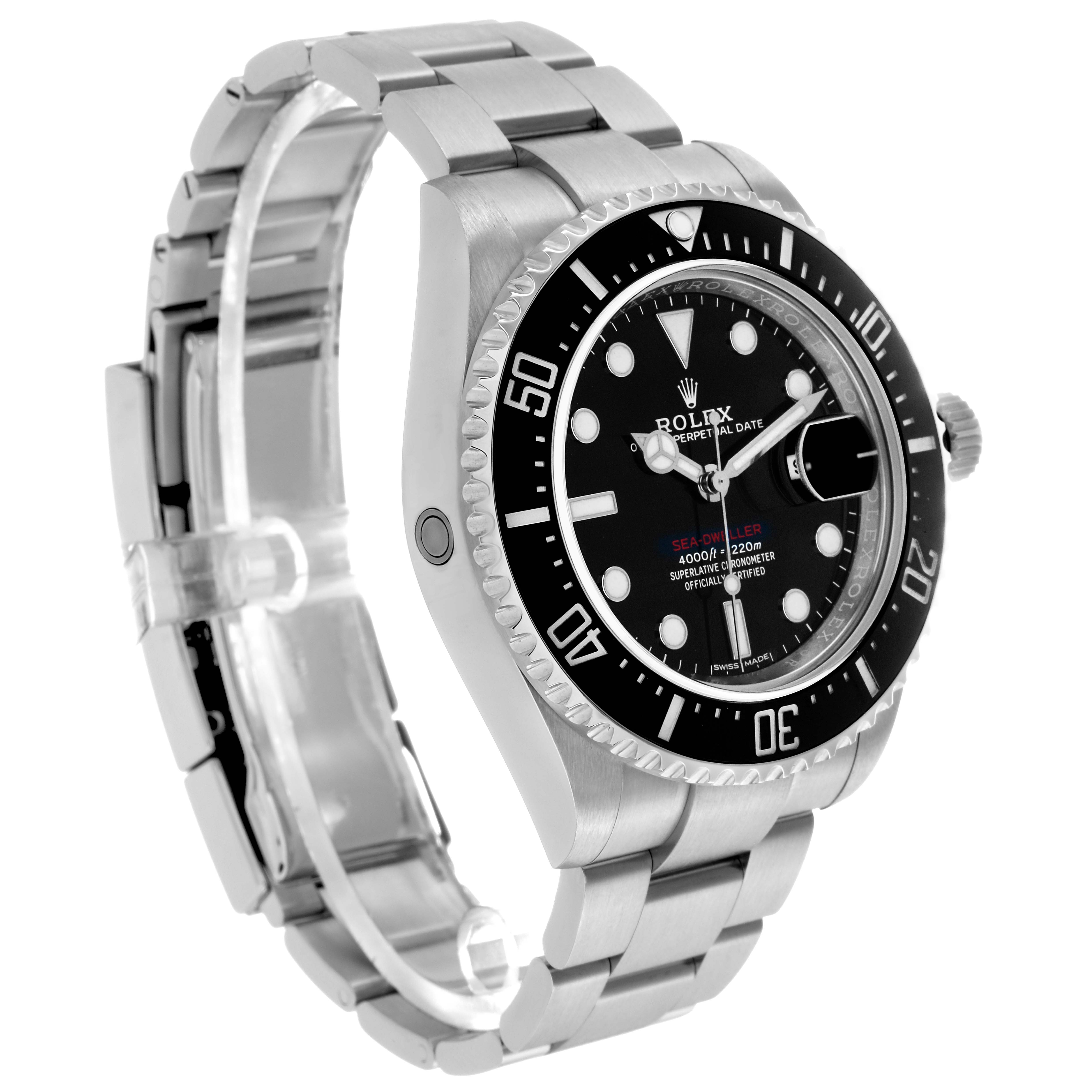 The image shows a Rolex Sea-Dweller 126600 Men's Stainless Steel Black Dial watch at a three-quarter angle, highlighting the dial, bezel, and bracelet.