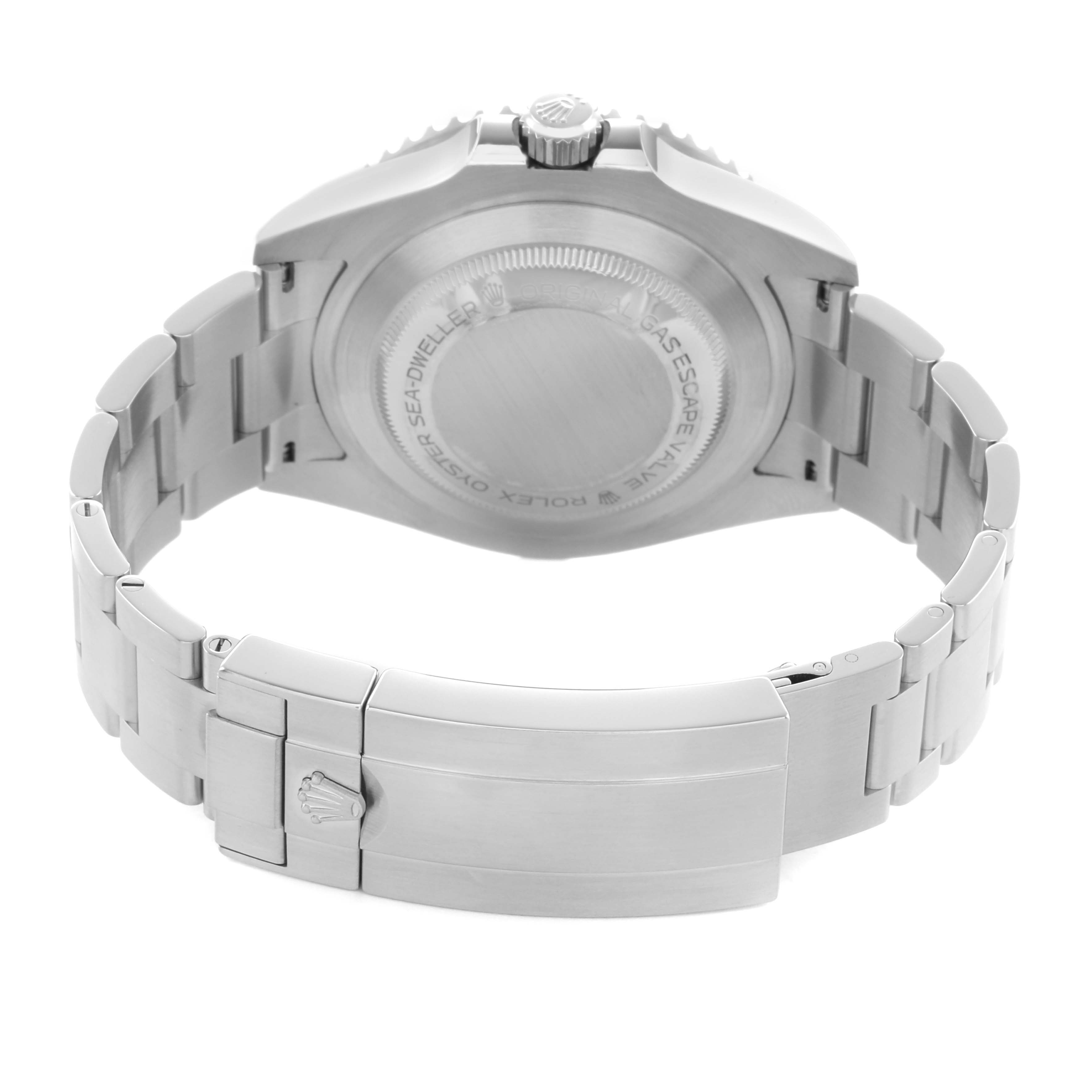 The image shows the back view of a Rolex Sea-Dweller 126600 Men's Stainless Steel Black Dial, highlighting its case back and bracelet clasp.