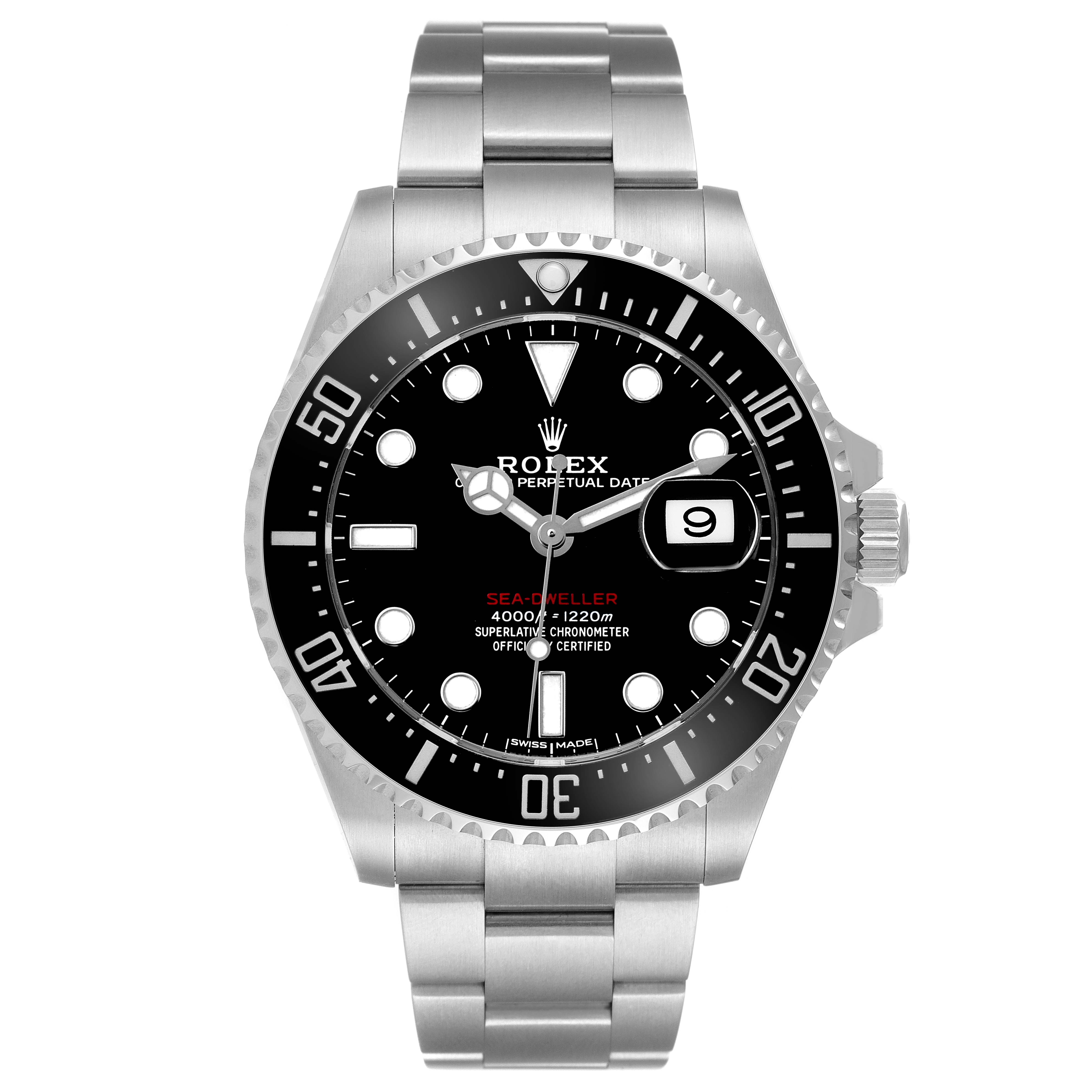 The Rolex Sea-Dweller 126600 Men's Stainless Steel Black Dial is shown from a front angle, highlighting the dial, bezel, and bracelet.