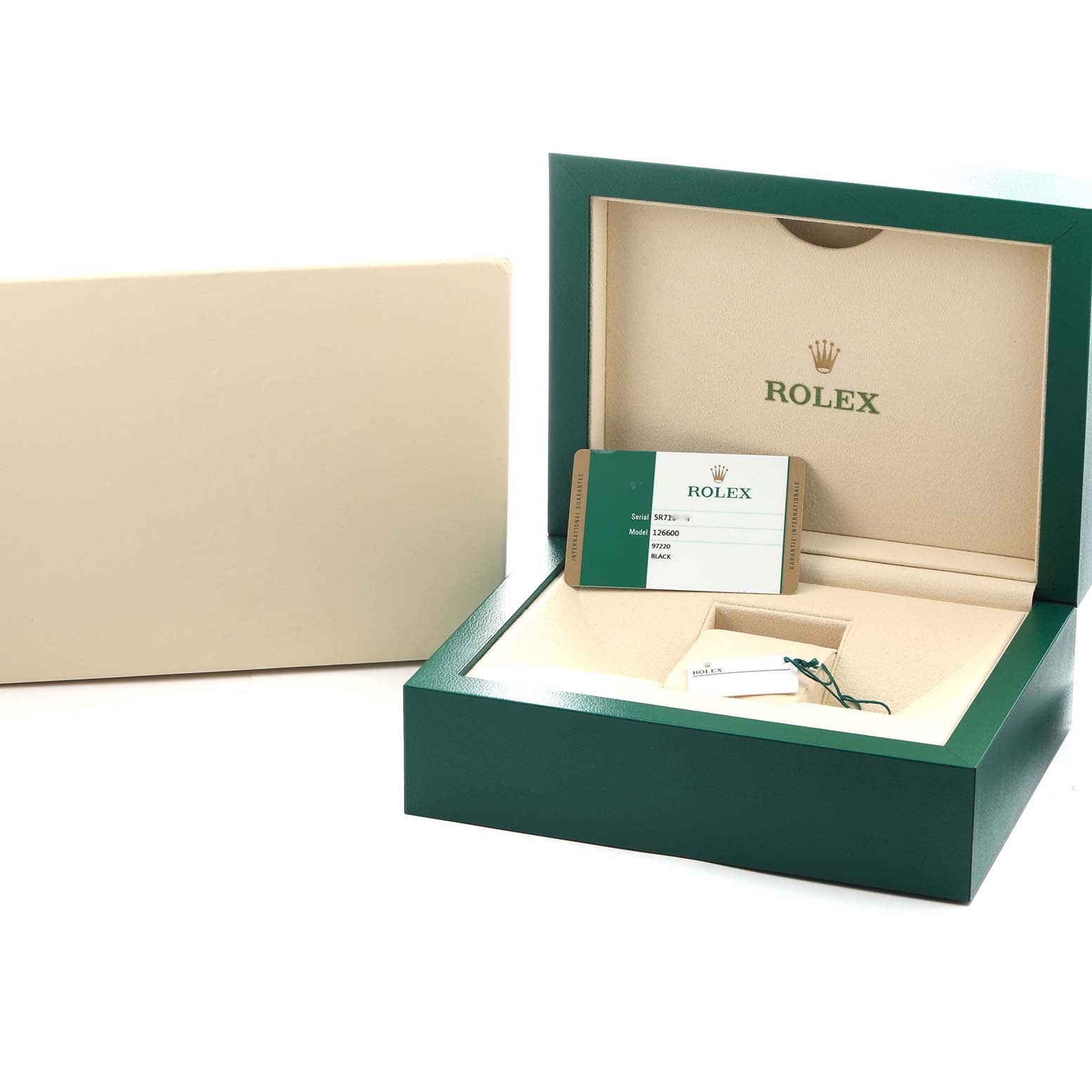 The image shows the open box and accessories of a Rolex Sea-Dweller 126600 Men's Stainless Steel Black Dial, including a card and a tag.
