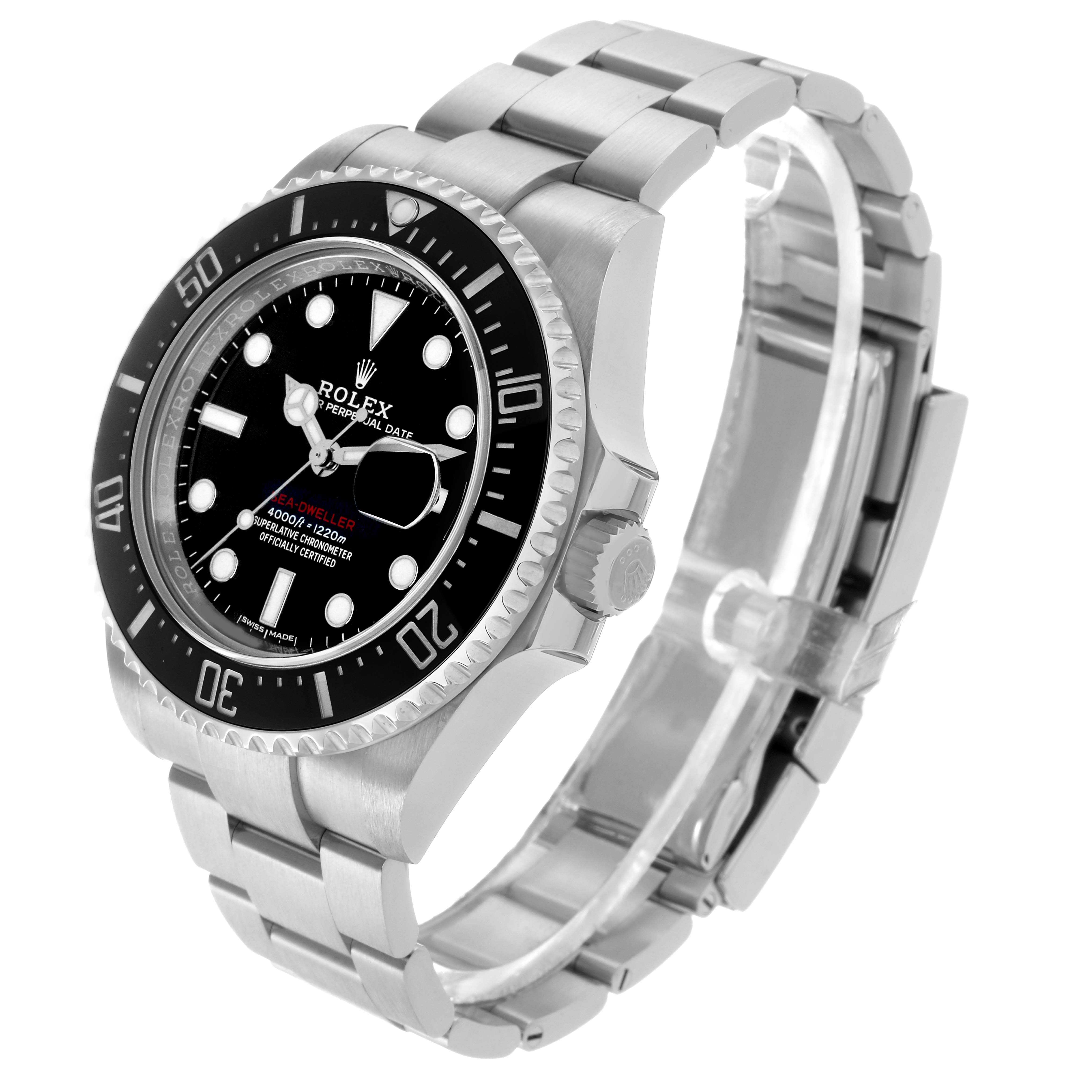 The Rolex Sea-Dweller 126600 Men's Stainless Steel Black Dial watch is shown at a three-quarter angle displaying the face, bezel, crown, and part of the bracelet.
