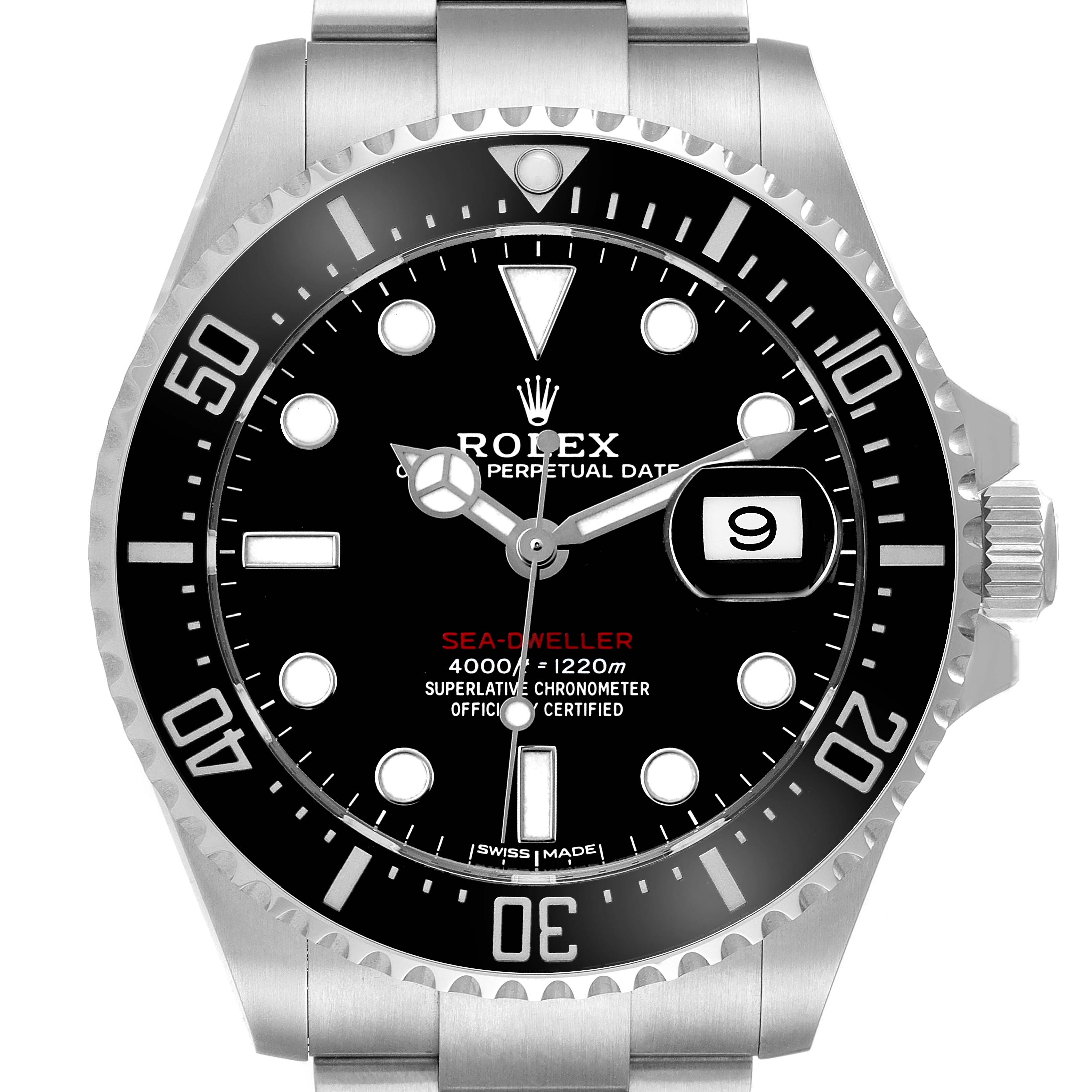 The Rolex Sea-Dweller 126600 Men's Stainless Steel Black Dial watch is shown from the front, featuring its dial, bezel, and part of the bracelet.