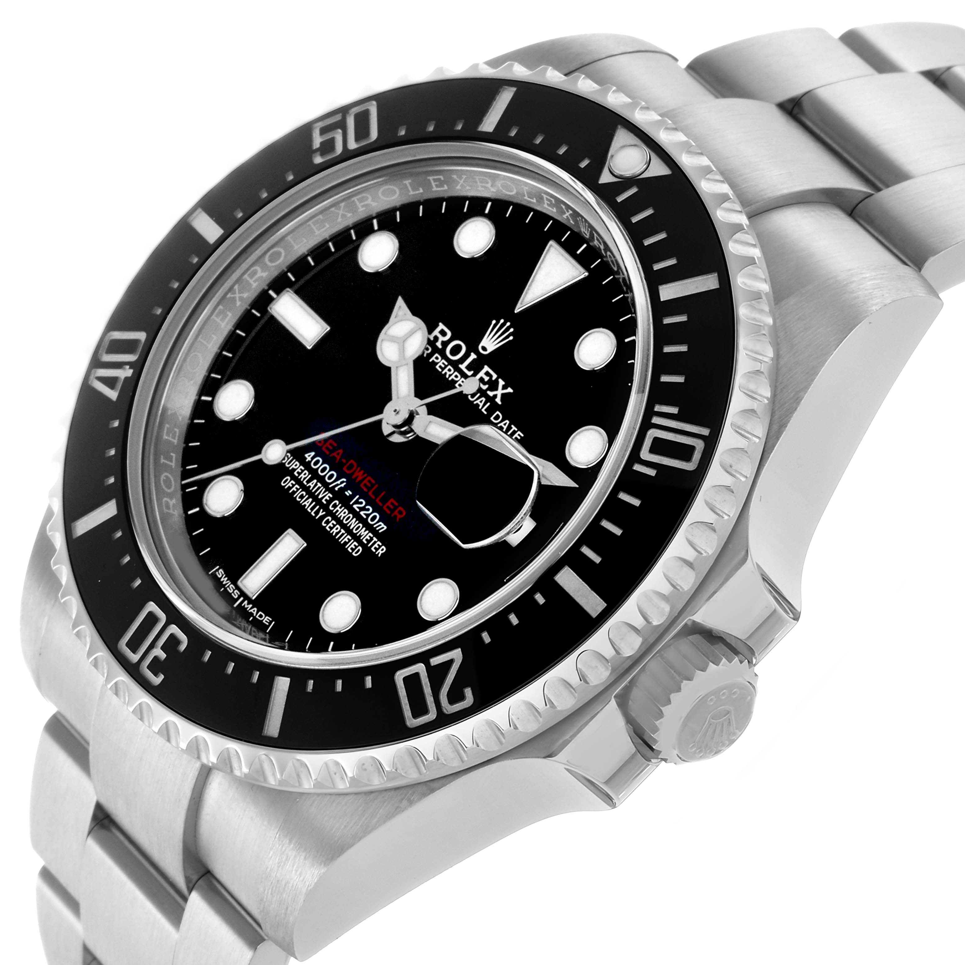 The Rolex Sea-Dweller 126600 Men's Stainless Steel Black Dial watch is shown at a slight angle, displaying the face, bezel, and bracelet.