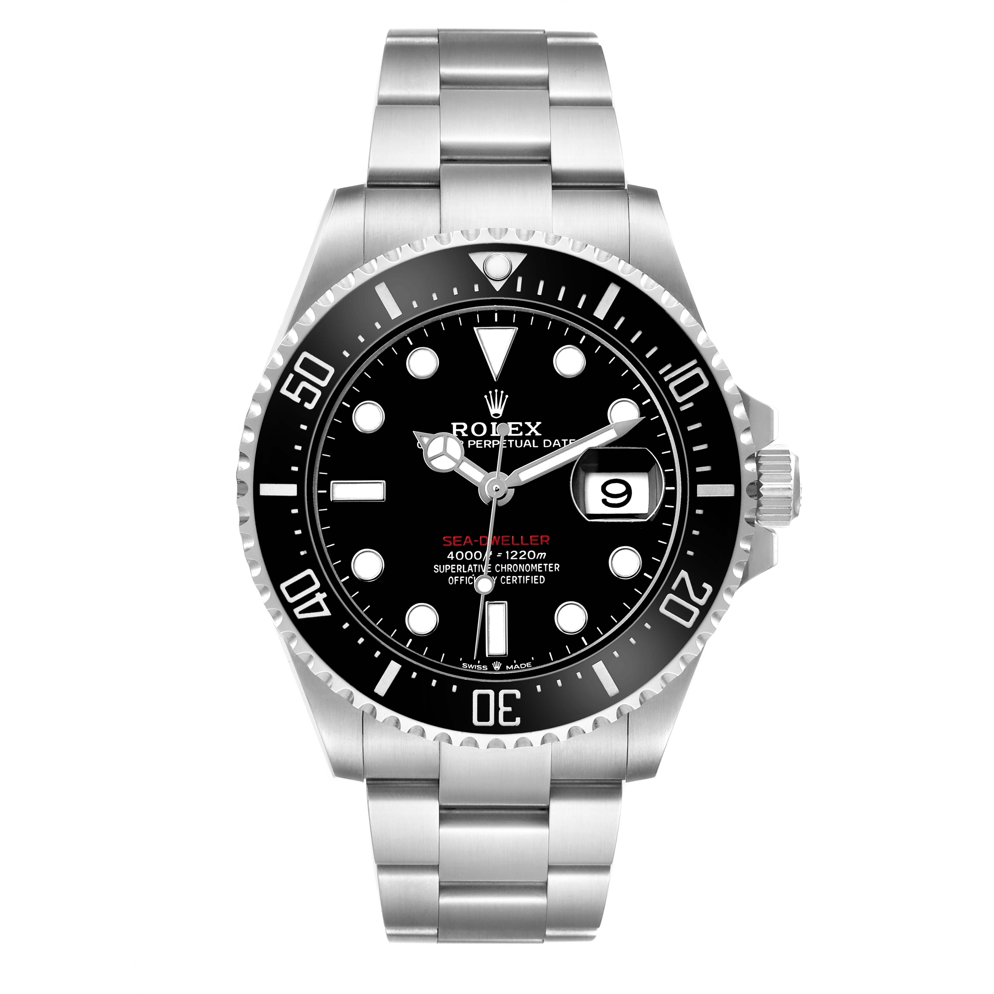 The Rolex Sea-Dweller 126600 Men's Stainless Steel Black Dial watch is shown from a front angle, displaying the dial, bezel, and full bracelet.