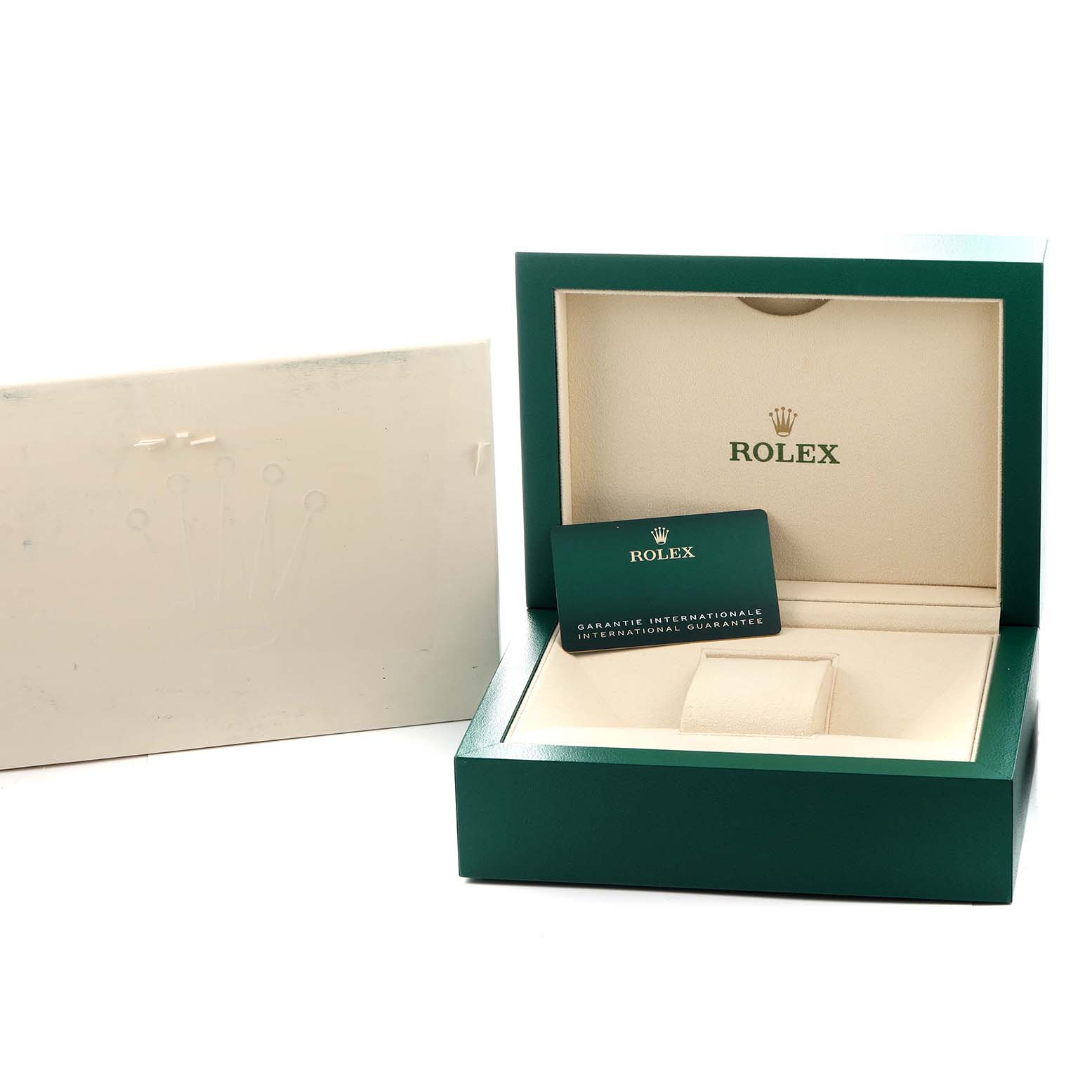 The image shows an empty Rolex Sea-Dweller 126600 Men's Stainless Steel Black Dial box, guarantee card, and outer box, viewed from the front angle.