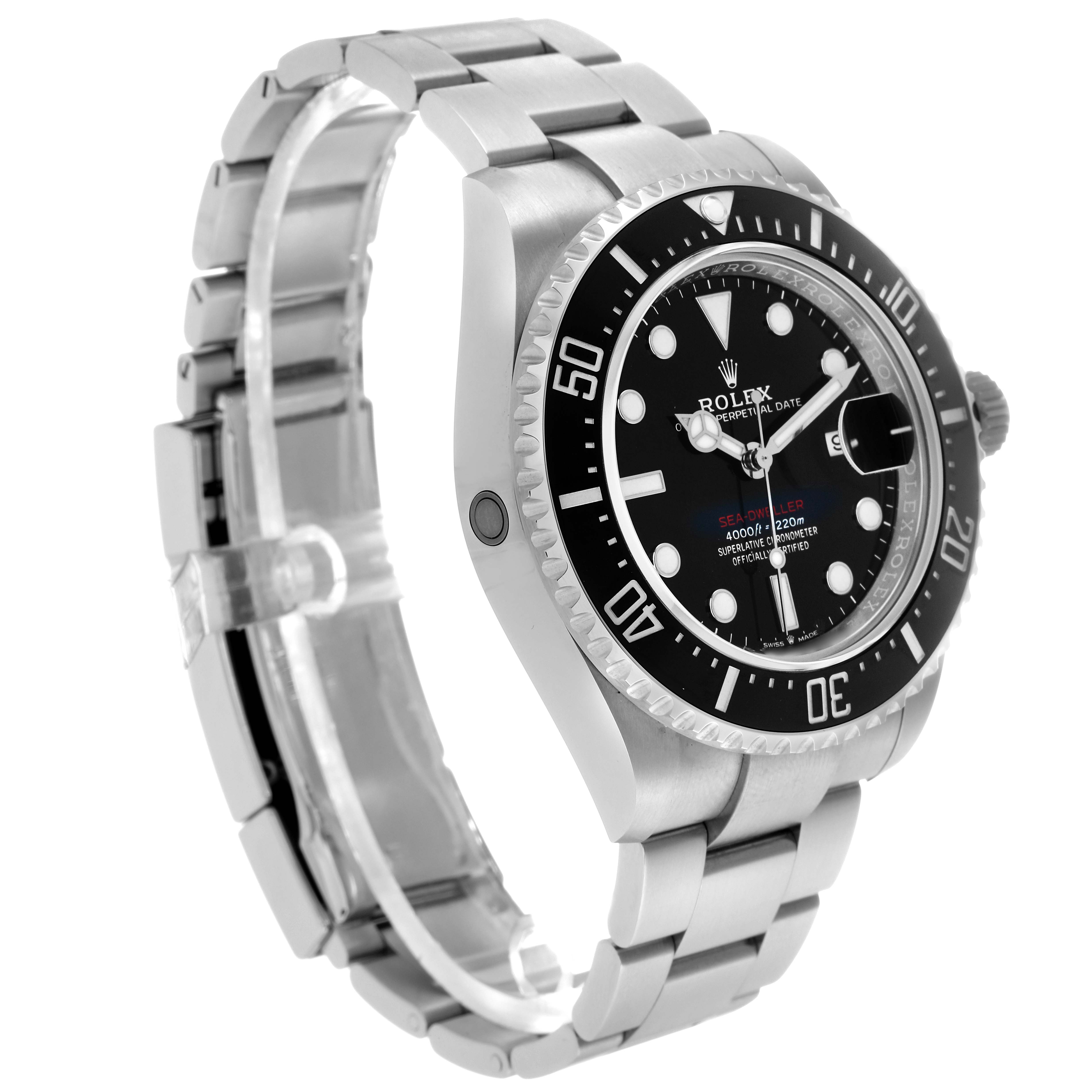 The Rolex Sea-Dweller 126600 Men's Stainless Steel Black Dial watch is shown at a three-quarter angle, highlighting the bezel, dial, and bracelet.