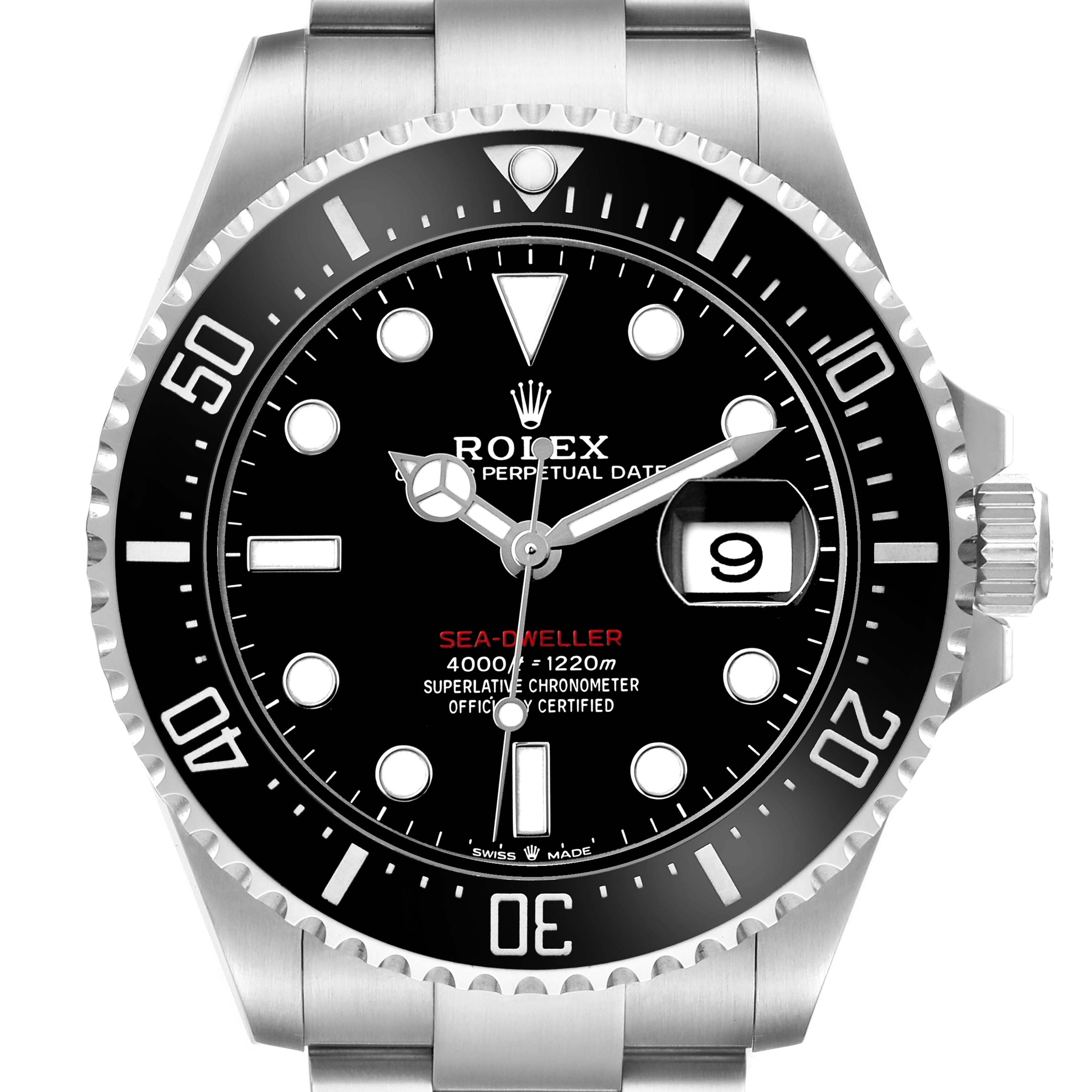 The Rolex Sea-Dweller 126600 Men's Stainless Steel Black Dial watch is shown from a front angle, highlighting the dial, bezel, bracelet, and crown.