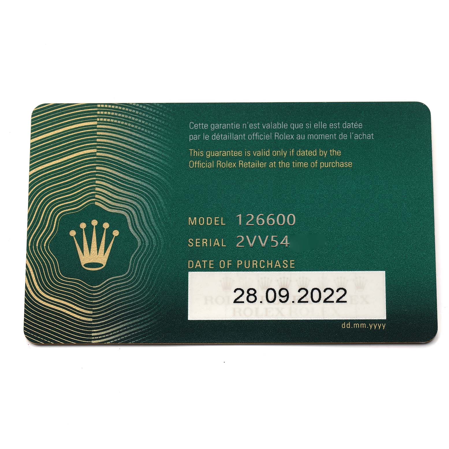 The image shows a warranty card for the Rolex Sea-Dweller 126600 Men's Stainless Steel Black Dial, model 126600, with purchase date information.