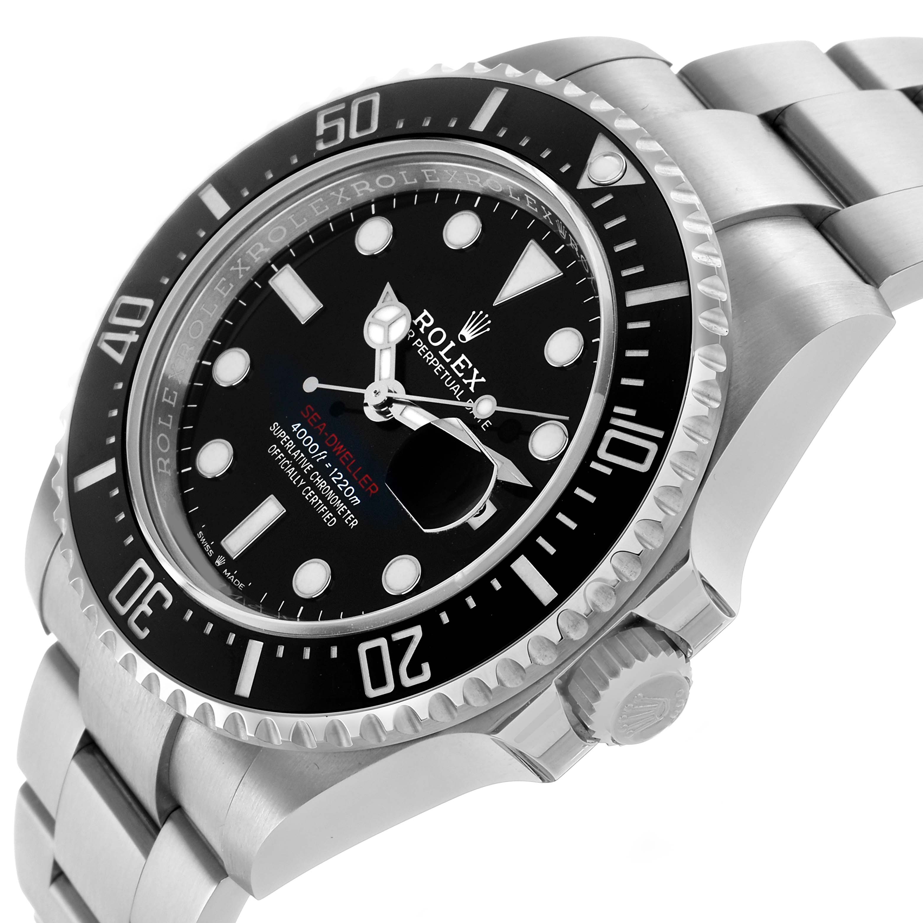 The Rolex Sea-Dweller 126600 Men's Stainless Steel Black Dial watch is shown from a side angle, highlighting the bezel, dial, crown, and bracelet.